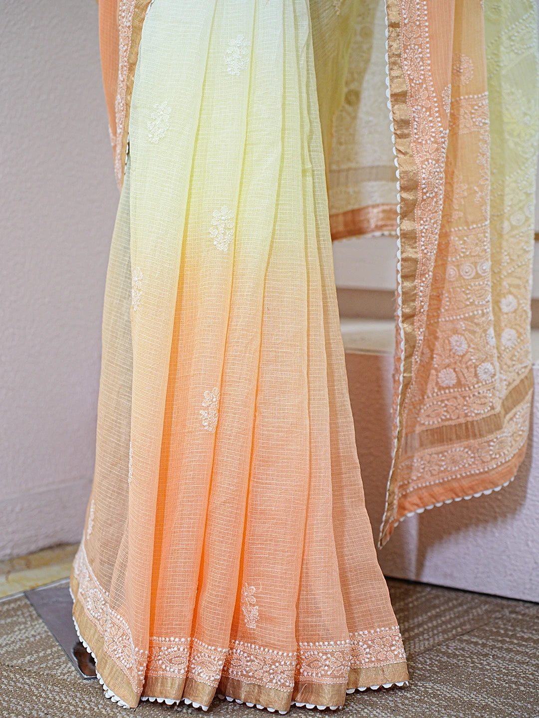 Ada Hand Embroidered Ombre Shade Of Cream & Light Orange Kota Lucknowi Chikankari Saree With Blouse 01A753757