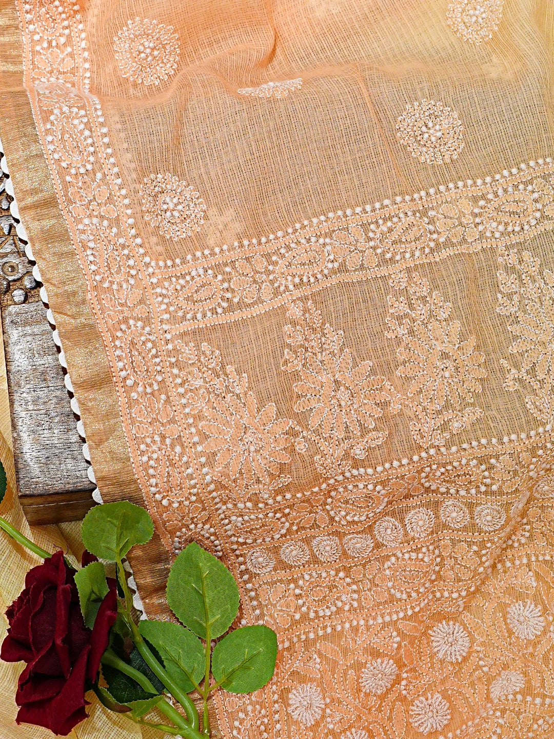 Ada Hand Embroidered Ombre Shade Of Cream & Light Orange Kota Lucknowi Chikankari Saree With Blouse 01A753757