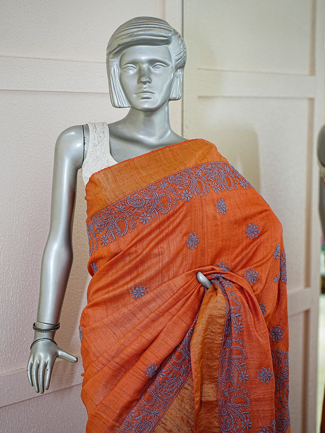 Ada Hand Embroidered Rust Silk Lucknowi Chikankari Saree With Blouse 01A774940