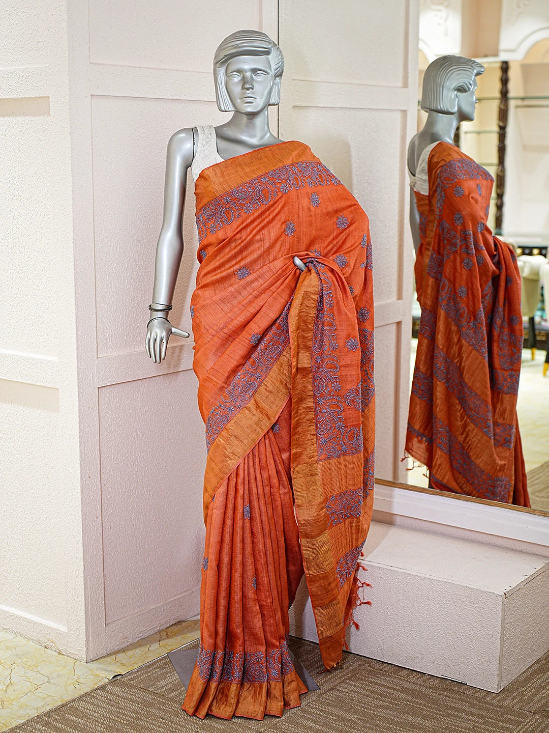 Ada Hand Embroidered Rust Silk Lucknowi Chikankari Saree With Blouse 01A774940