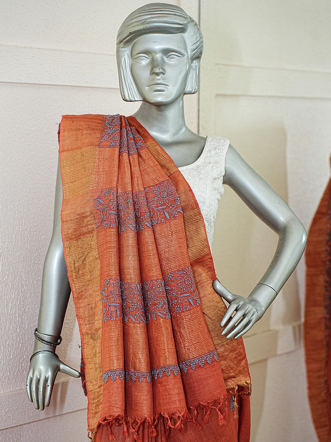 Ada Hand Embroidered Rust Silk Lucknowi Chikankari Saree With Blouse 01A774940