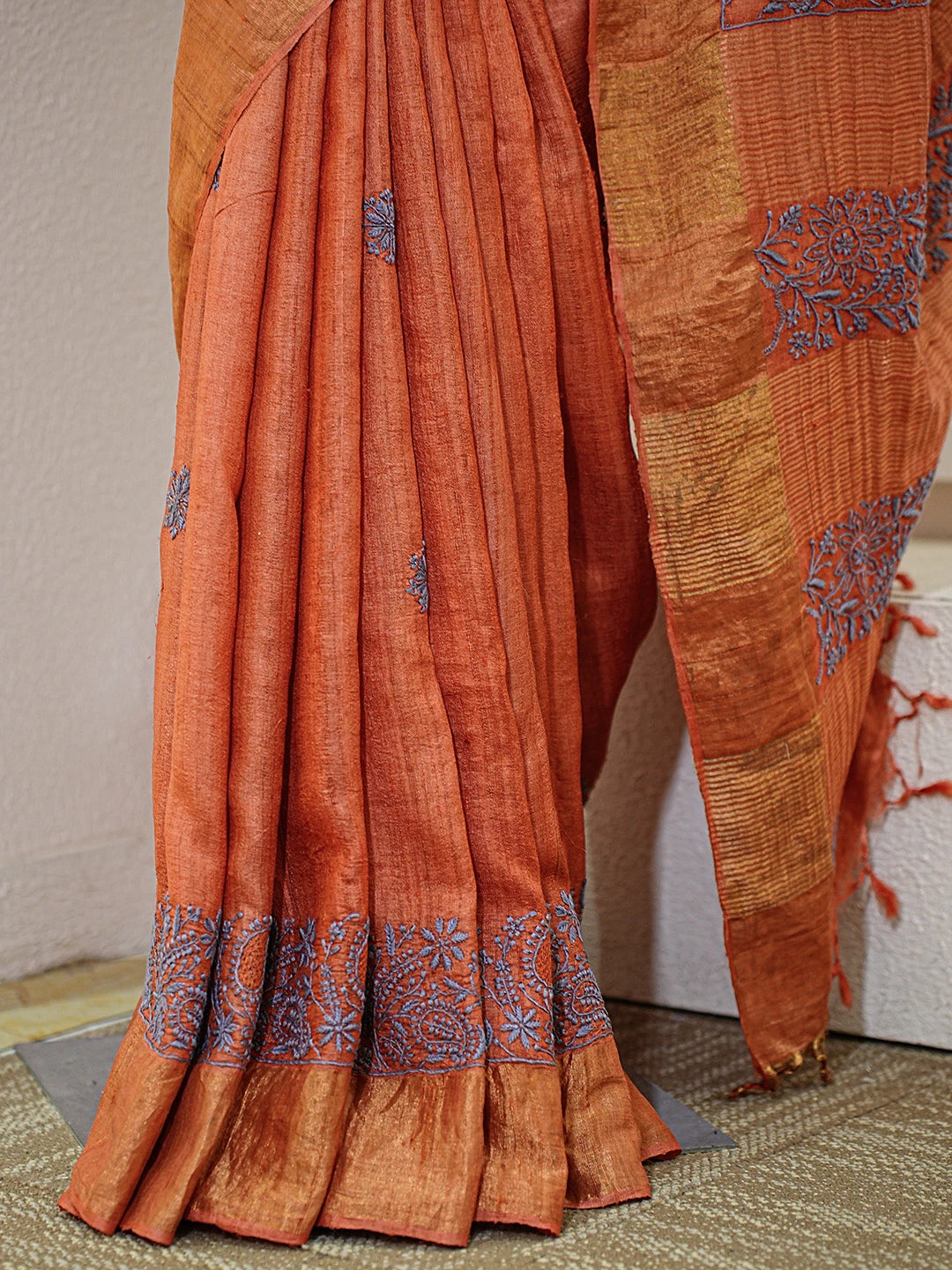 Ada Hand Embroidered Rust Silk Lucknowi Chikankari Saree With Blouse 01A774940