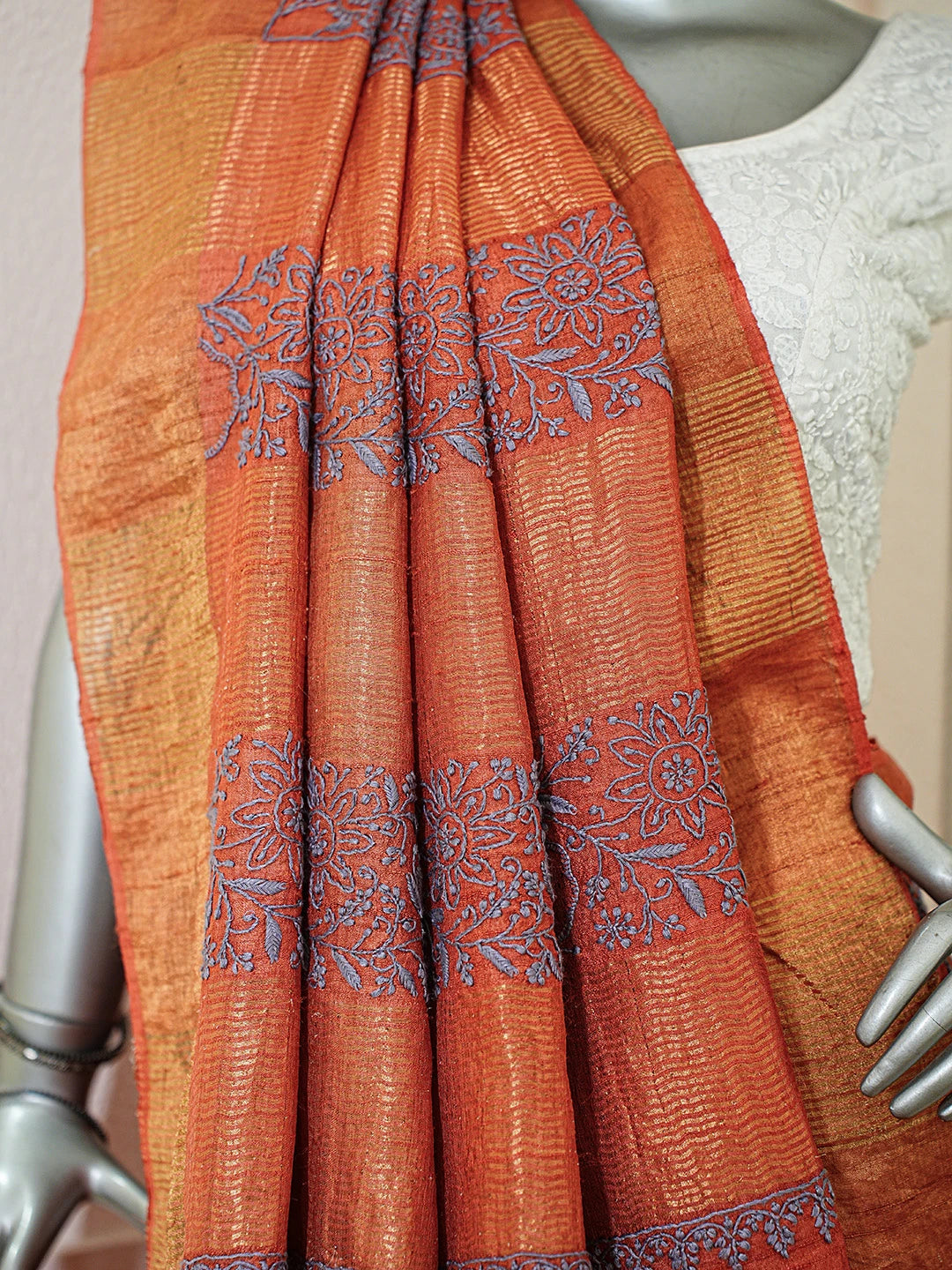 Ada Hand Embroidered Rust Silk Lucknowi Chikankari Saree With Blouse 01A774940