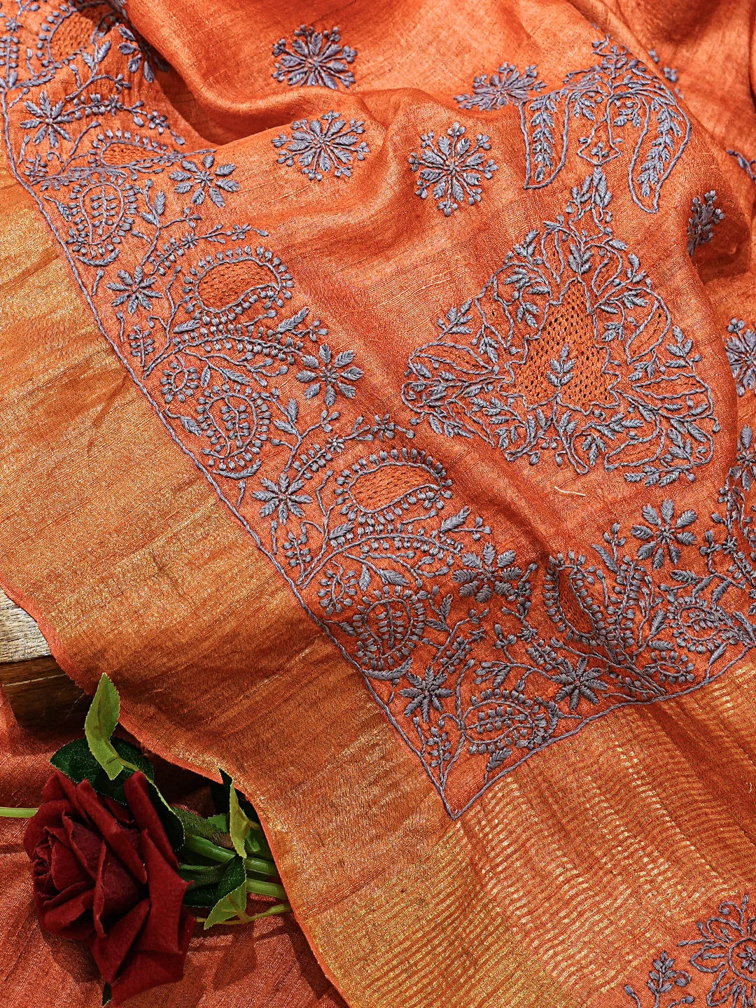 Ada Hand Embroidered Rust Silk Lucknowi Chikankari Saree With Blouse 01A774940