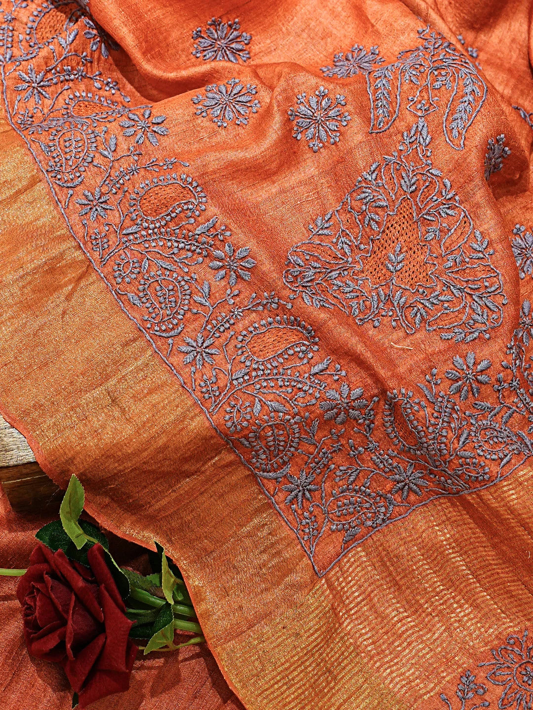 Ada Hand Embroidered Rust Silk Lucknowi Chikankari Saree With Blouse 01A774940
