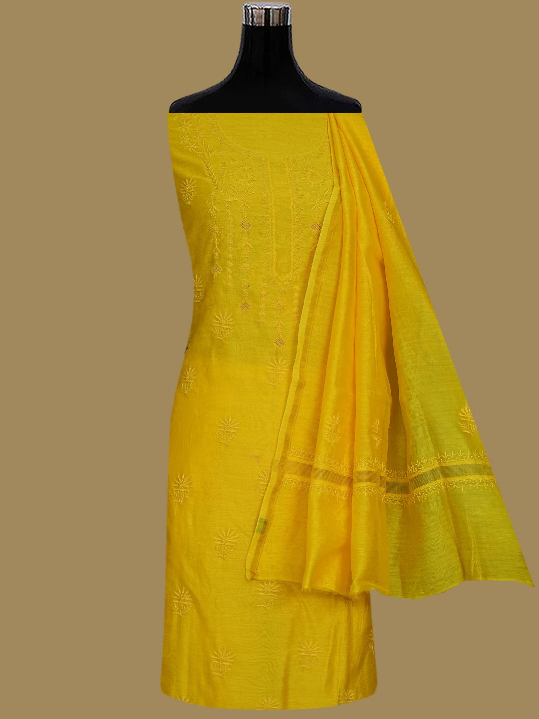 Ada Hand Embroidered Yellow Chanderi Lucknowi Chikankari Unstitched Kurta Dupatta Set 01A809266