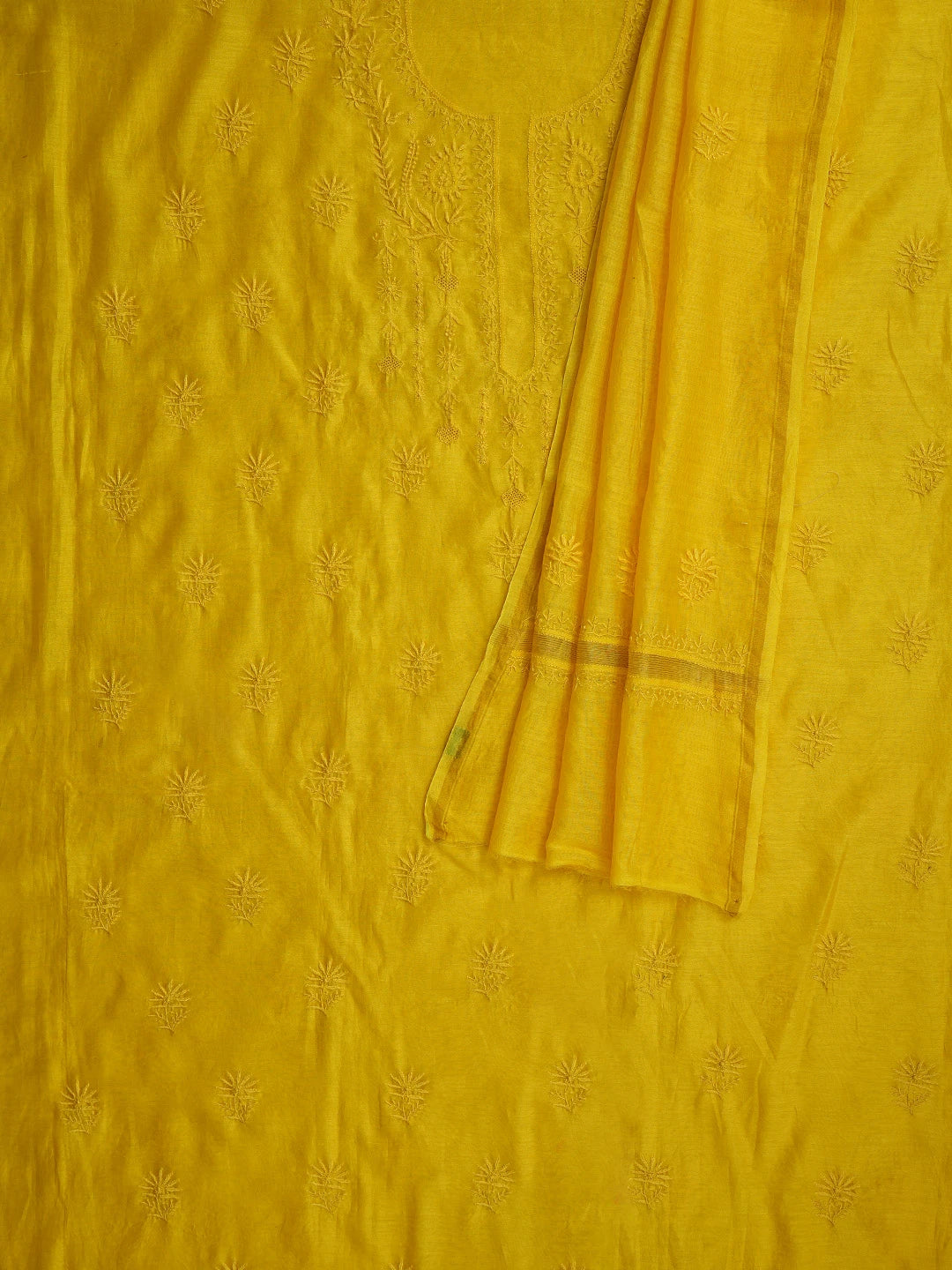 Ada Hand Embroidered Yellow Chanderi Lucknowi Chikankari Unstitched Kurta Dupatta Set 01A809266