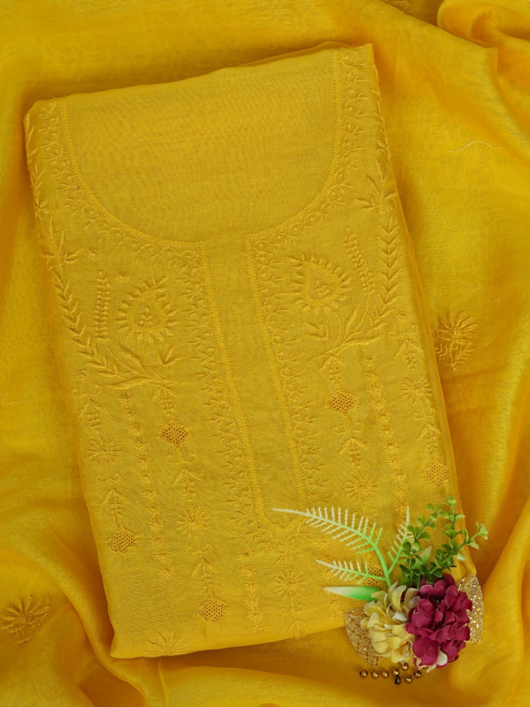 Ada Hand Embroidered Yellow Chanderi Lucknowi Chikankari Unstitched Kurta Dupatta Set 01A809266