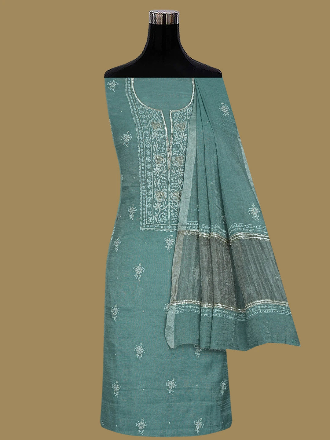 Ada Hand Embroidered Teal Green Tissue Lucknowi Chikankari Unstitched Kurta Dupatta Set With Cutdana Work 01A702538