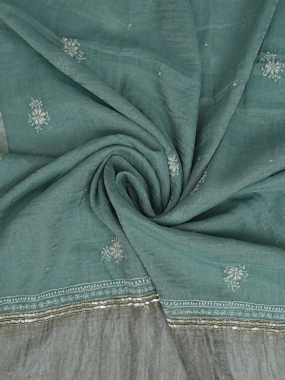 Ada Hand Embroidered Teal Green Tissue Lucknowi Chikankari Unstitched Kurta Dupatta Set With Cutdana Work 01A702538
