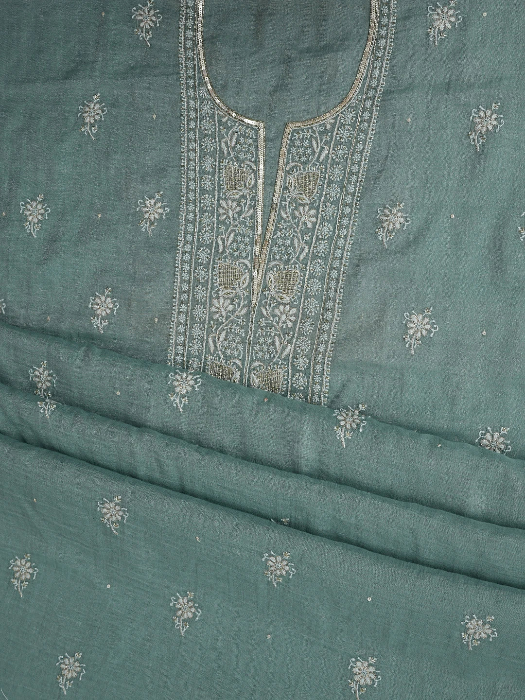 Ada Hand Embroidered Teal Green Tissue Lucknowi Chikankari Unstitched Kurta Dupatta Set With Cutdana Work 01A702538
