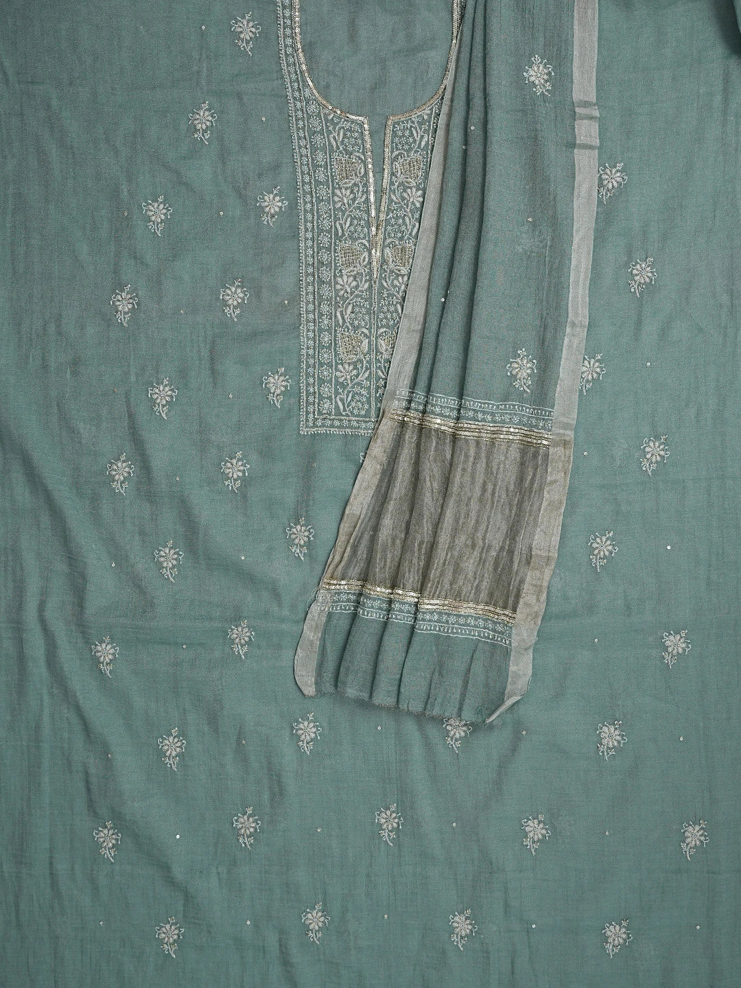Ada Hand Embroidered Teal Green Tissue Lucknowi Chikankari Unstitched Kurta Dupatta Set With Cutdana Work 01A702538