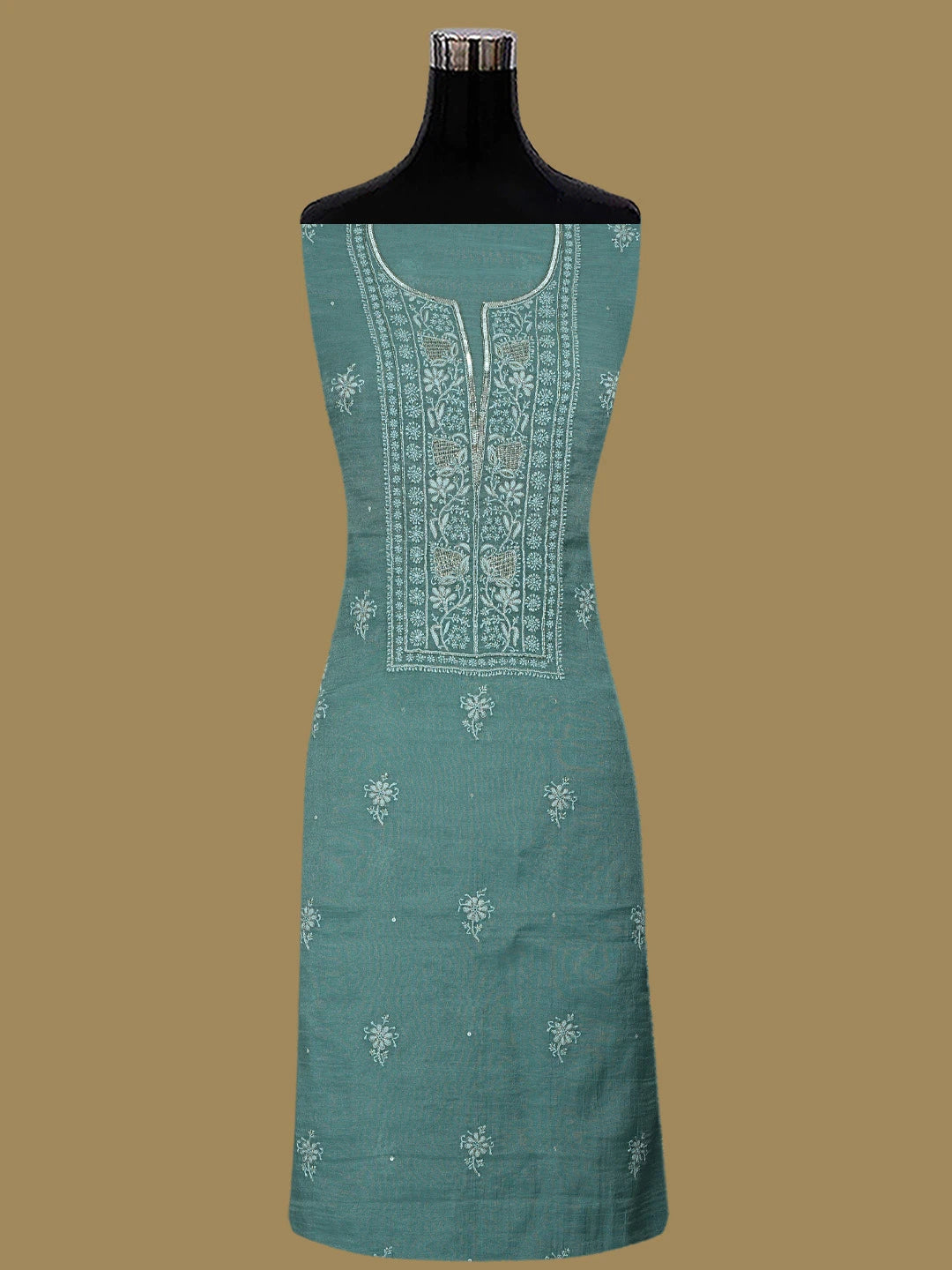 Ada Hand Embroidered Teal Green Tissue Lucknowi Chikankari Unstitched Kurta Dupatta Set With Cutdana Work 01A702538