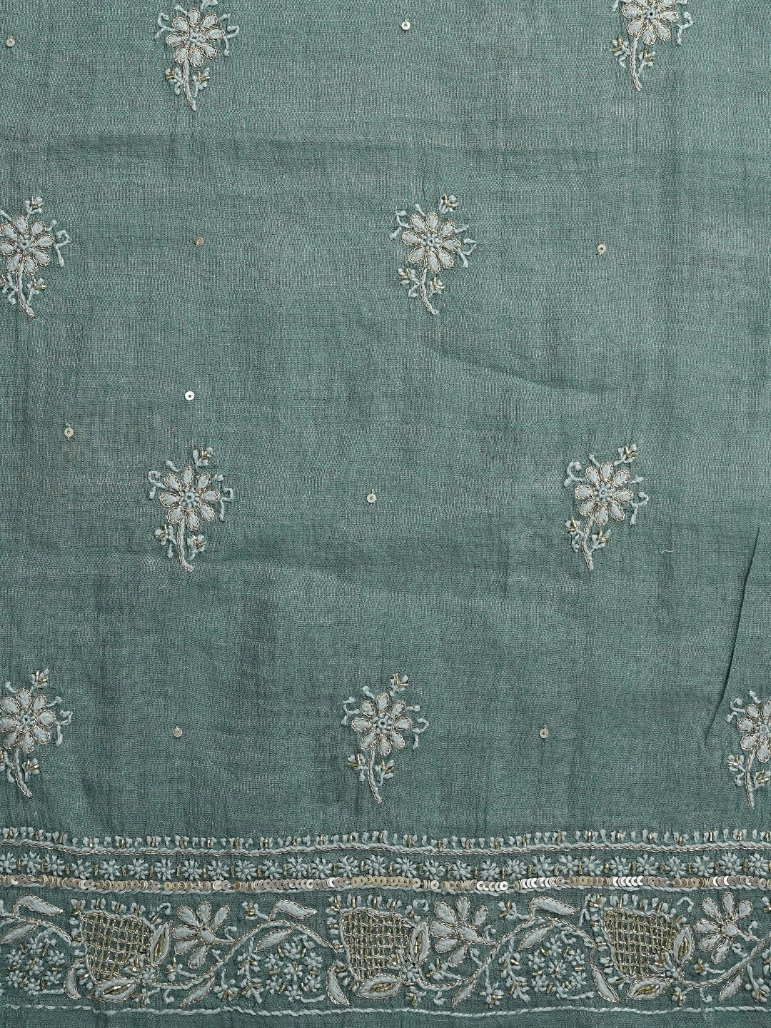 Ada Hand Embroidered Teal Green Tissue Lucknowi Chikankari Unstitched Kurta Dupatta Set With Cutdana Work 01A702538
