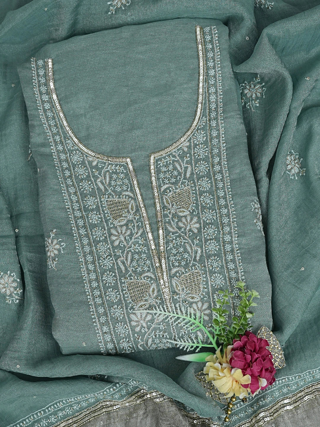 Ada Hand Embroidered Teal Green Tissue Lucknowi Chikankari Unstitched Kurta Dupatta Set With Cutdana Work 01A702538