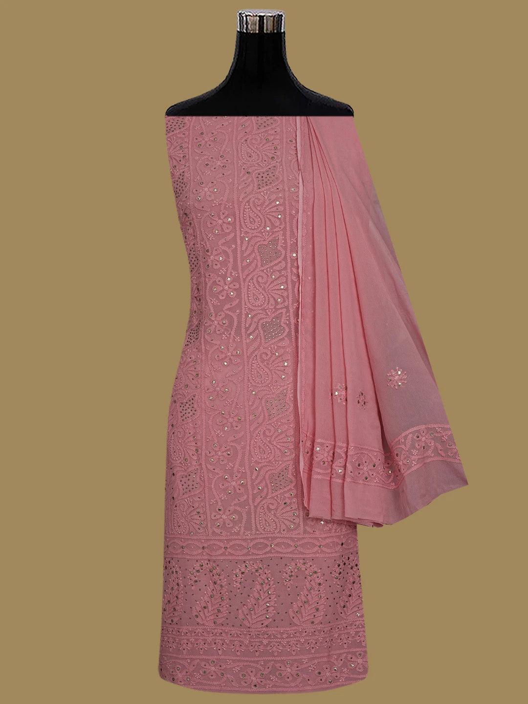 Ada Hand Embroidered Peach Viscose Georgette Lucknowi Chikankari Unstitched Kurta Dupatta Set With Mukaish Work 01A782548