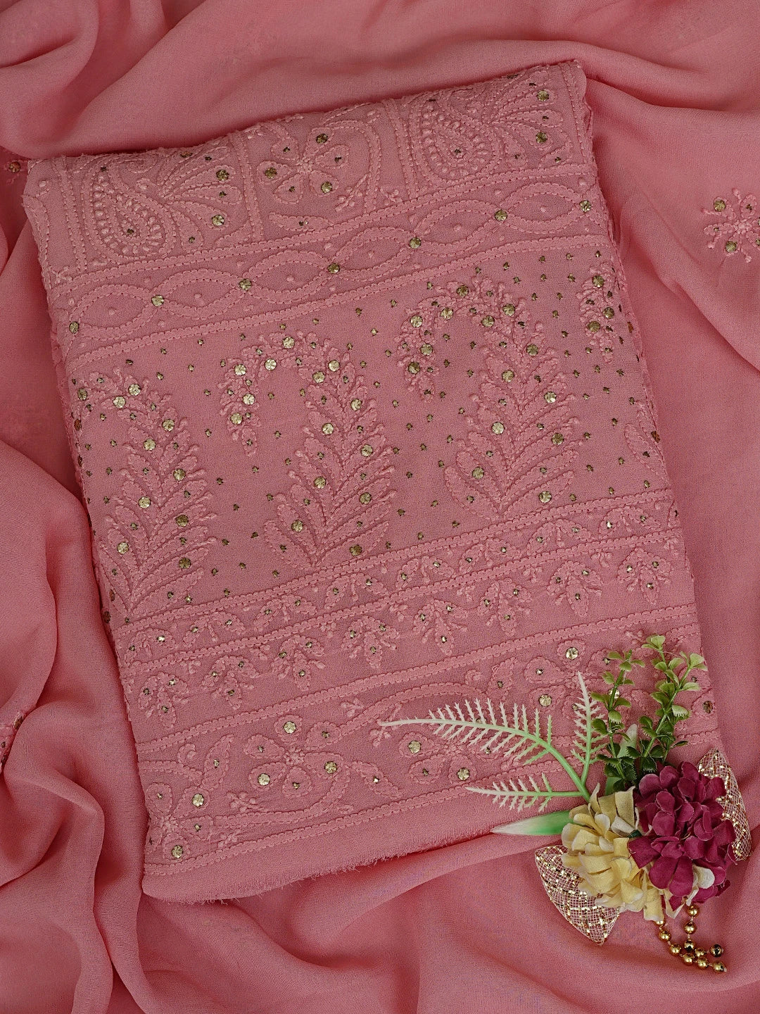 Ada Hand Embroidered Peach Viscose Georgette Lucknowi Chikankari Unstitched Kurta Dupatta Set With Mukaish Work 01A782548