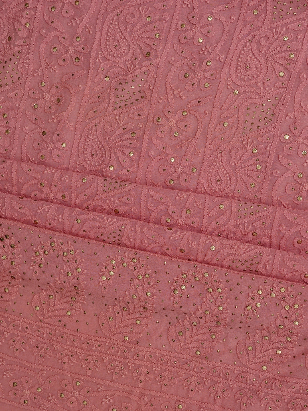 Ada Hand Embroidered Peach Viscose Georgette Lucknowi Chikankari Unstitched Kurta Dupatta Set With Mukaish Work 01A782548