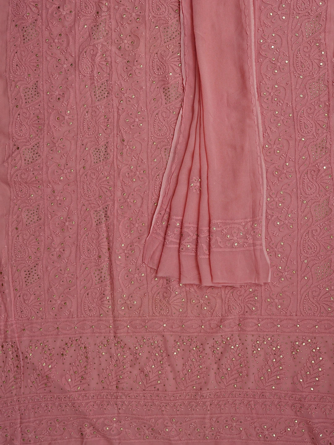 Ada Hand Embroidered Peach Viscose Georgette Lucknowi Chikankari Unstitched Kurta Dupatta Set With Mukaish Work 01A782548