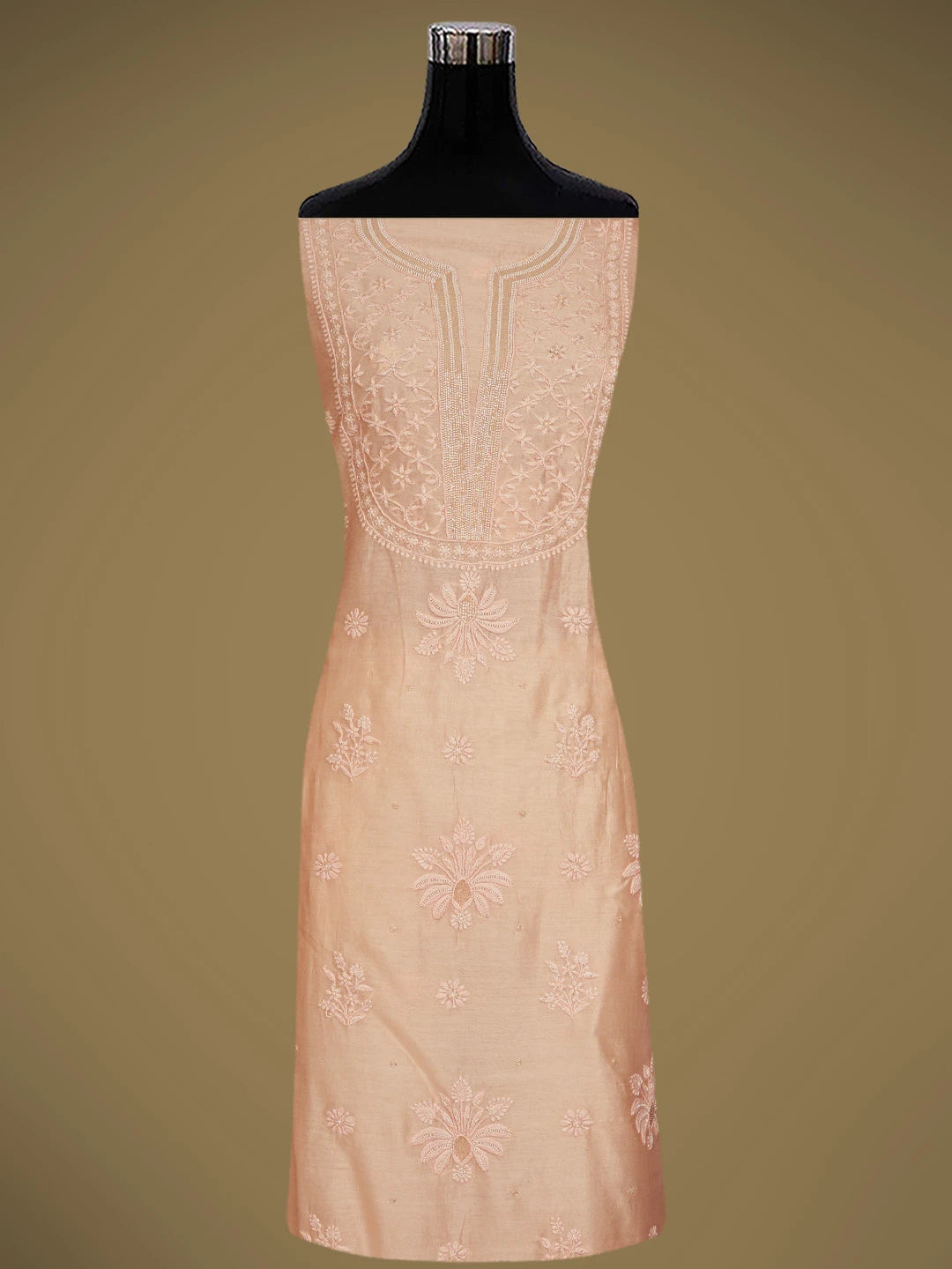 Ada Hand Embroidered Peach Chanderi Lucknowi Chikankari Unstitched Suit Piece With Pearl Work 01A842114