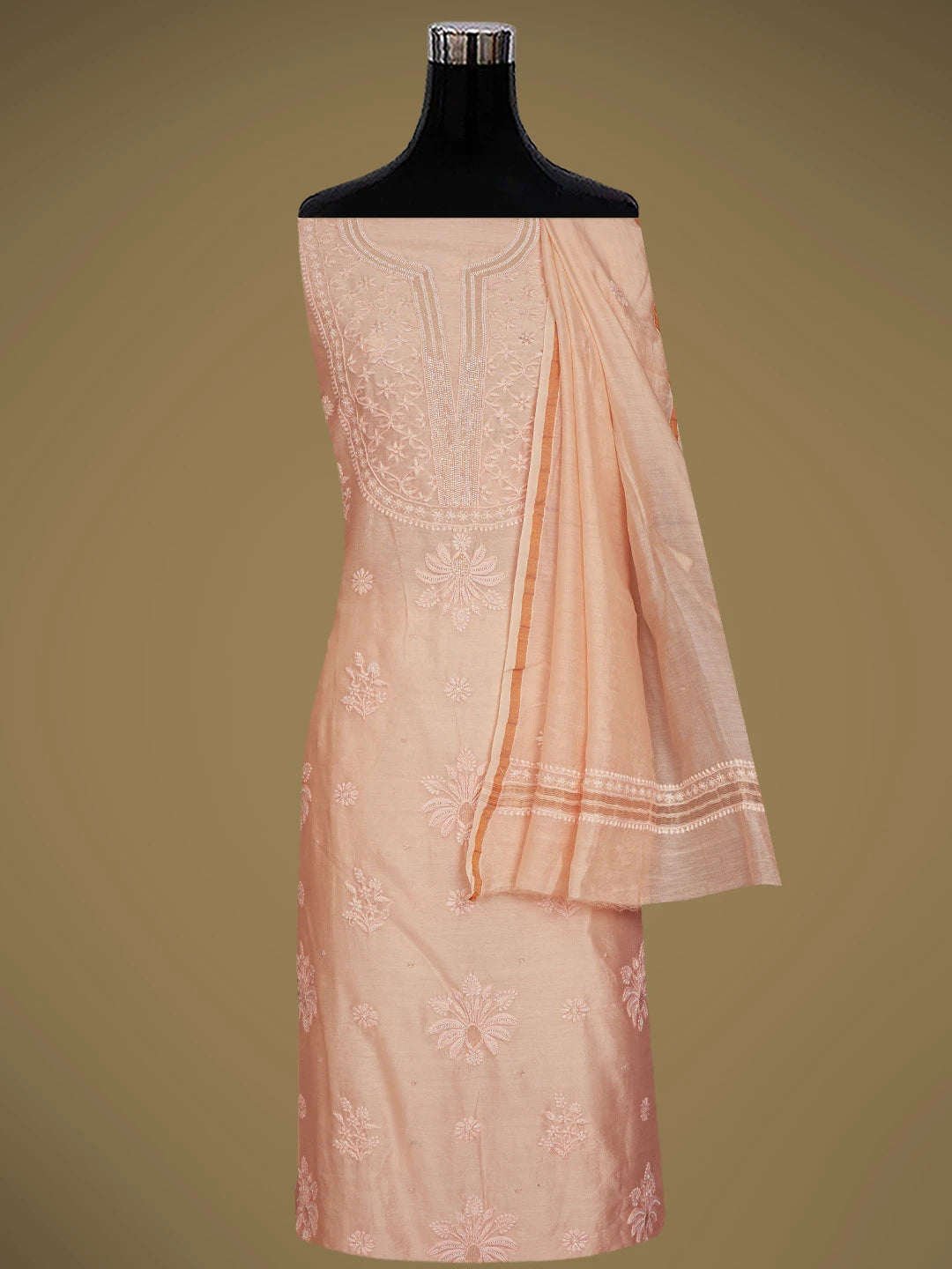 Ada Hand Embroidered Peach Chanderi Lucknowi Chikankari Unstitched Suit Piece With Pearl Work 01A842114