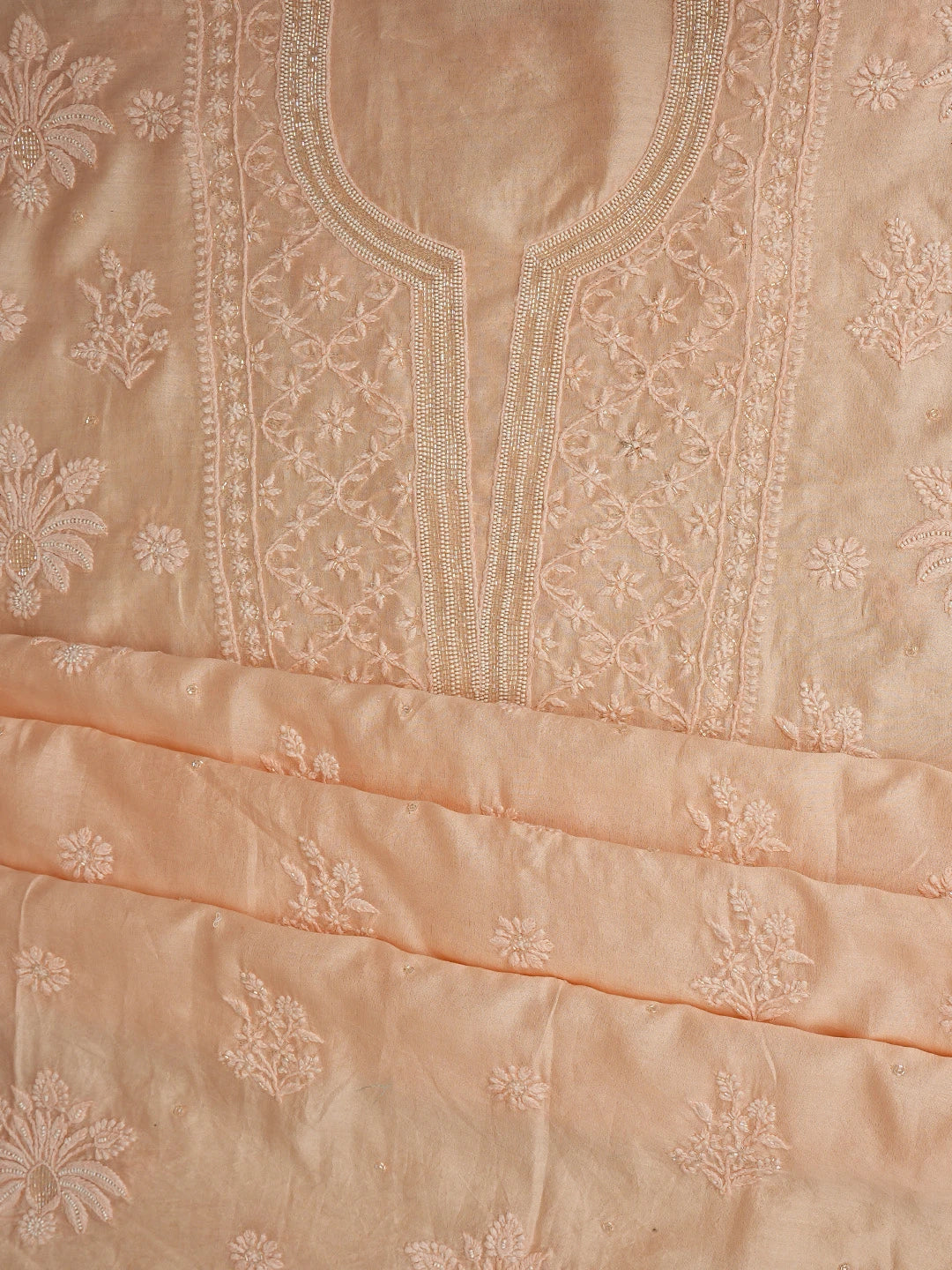 Ada Hand Embroidered Peach Chanderi Lucknowi Chikankari Unstitched Suit Piece With Pearl Work 01A842114