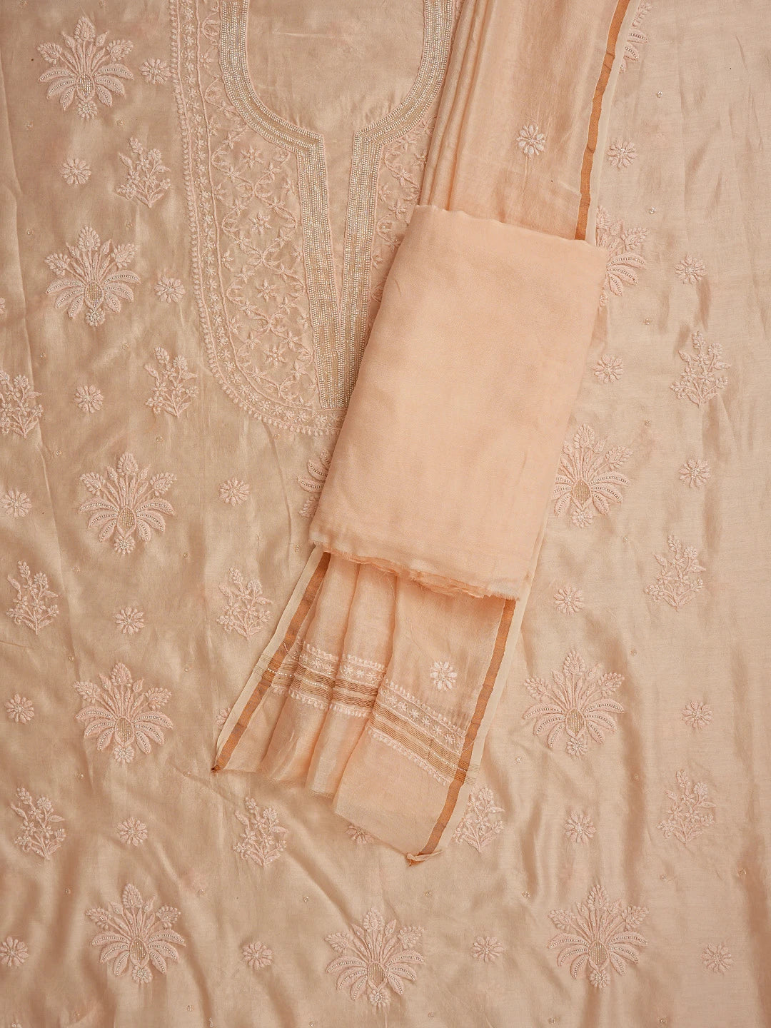 Ada Hand Embroidered Peach Chanderi Lucknowi Chikankari Unstitched Suit Piece With Pearl Work 01A842114