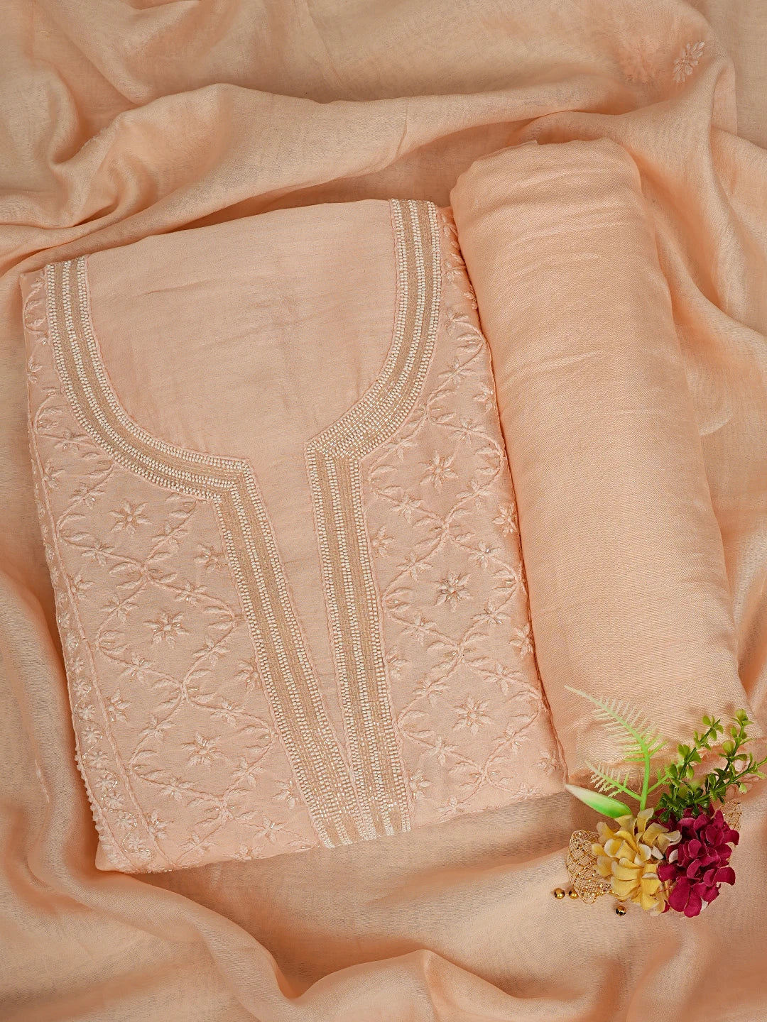 Ada Hand Embroidered Peach Chanderi Lucknowi Chikankari Unstitched Suit Piece With Pearl Work 01A842114