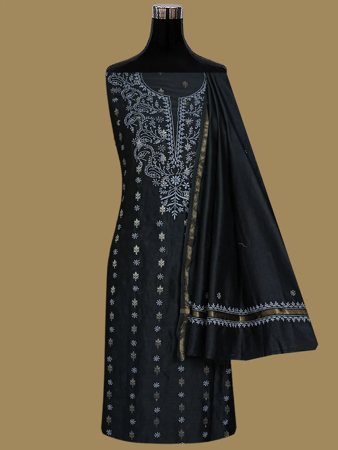 Ada Hand Embroidered Black Chanderi Lucknowi Chikankari Unstitched Kurta Dupatta Set 01A680135