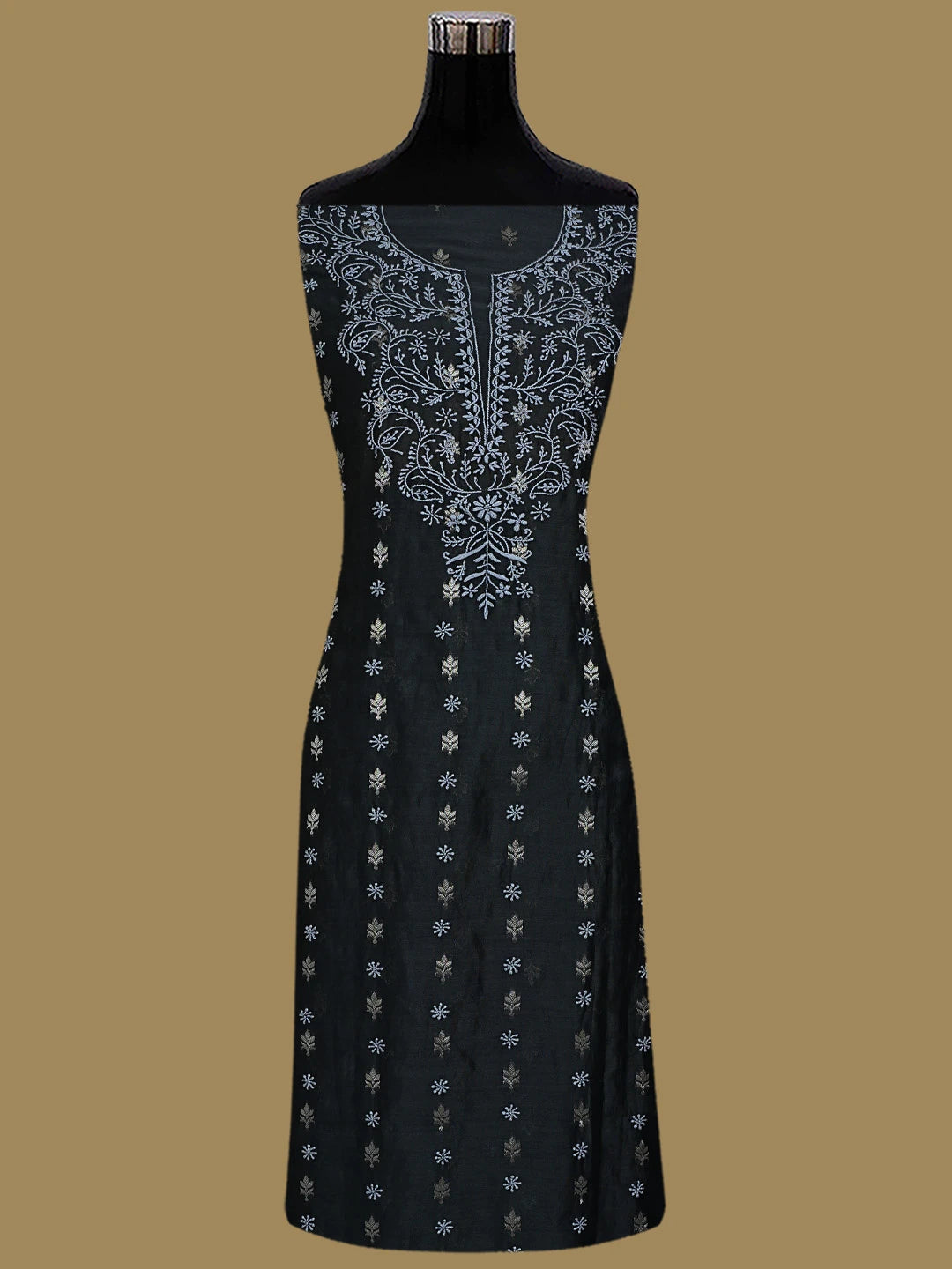 Ada Hand Embroidered Black Chanderi Lucknowi Chikankari Unstitched Kurta Dupatta Set 01A680135