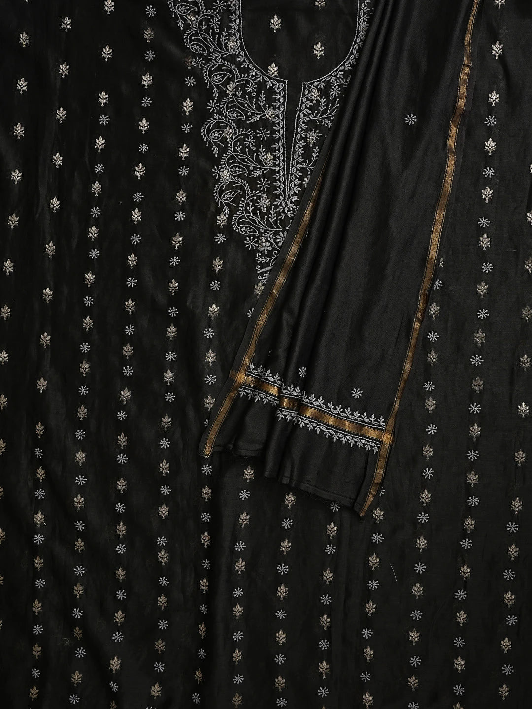 Ada Hand Embroidered Black Chanderi Lucknowi Chikankari Unstitched Kurta Dupatta Set 01A680135