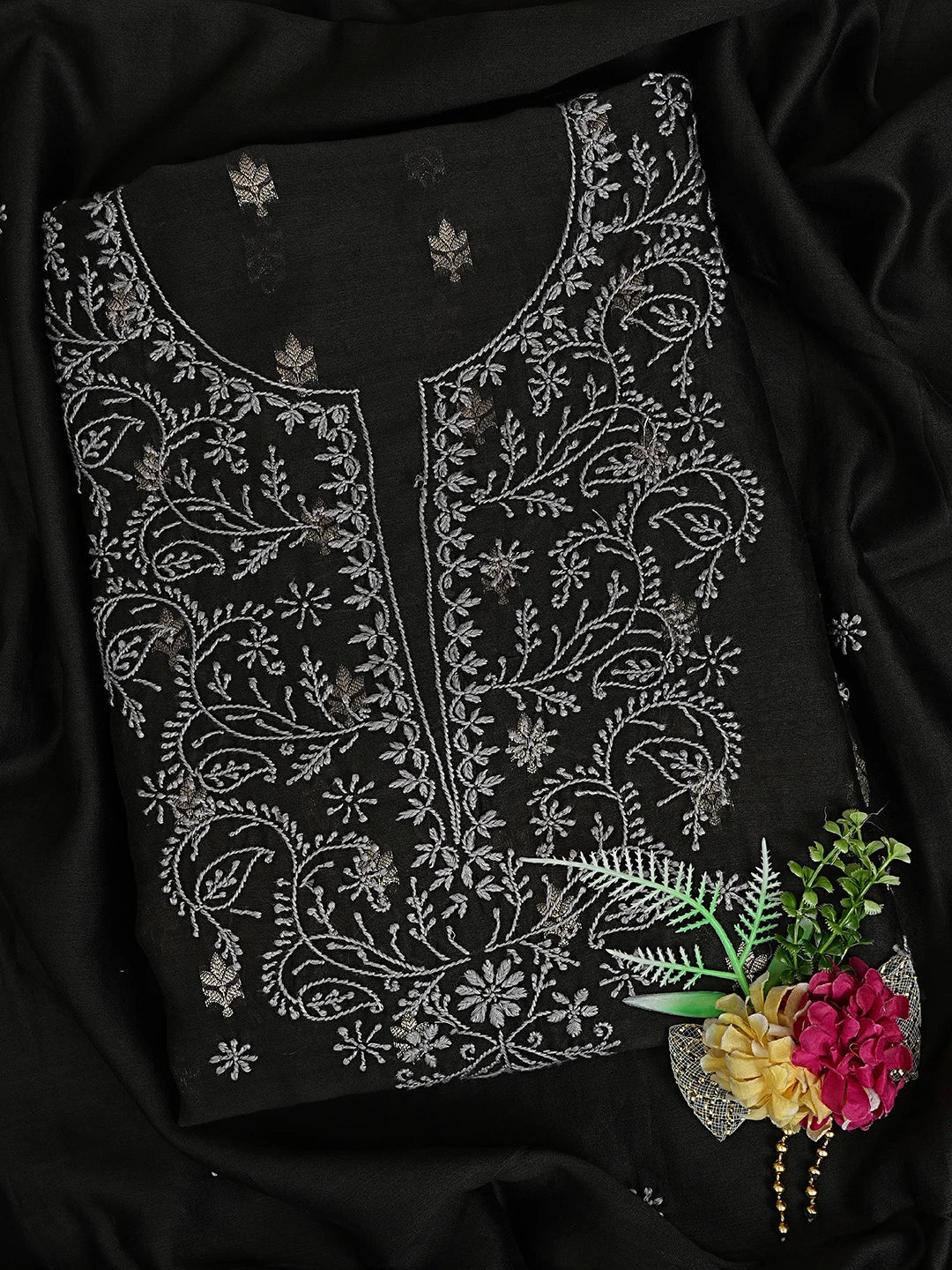 Ada Hand Embroidered Black Chanderi Lucknowi Chikankari Unstitched Kurta Dupatta Set 01A680135