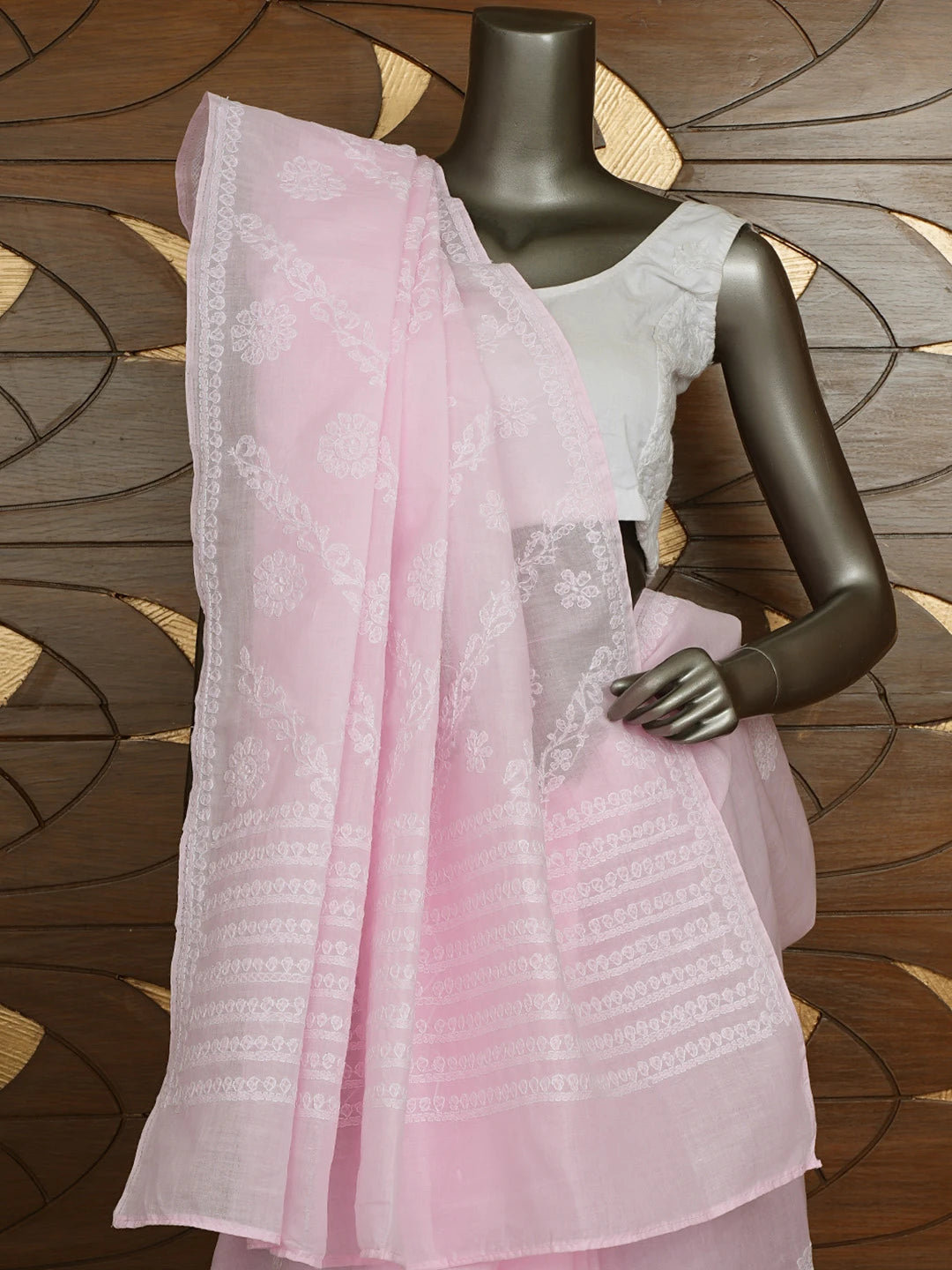 Ada Hand Embroidered Pink Cotton Lucknowi Chikankari Saree and Blouse 01A866193