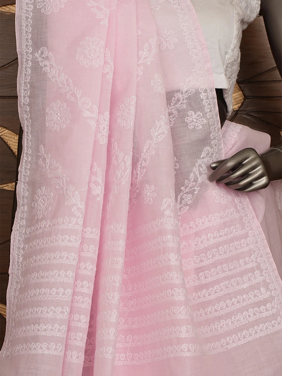 Ada Hand Embroidered Pink Cotton Lucknowi Chikankari Saree and Blouse 01A866193