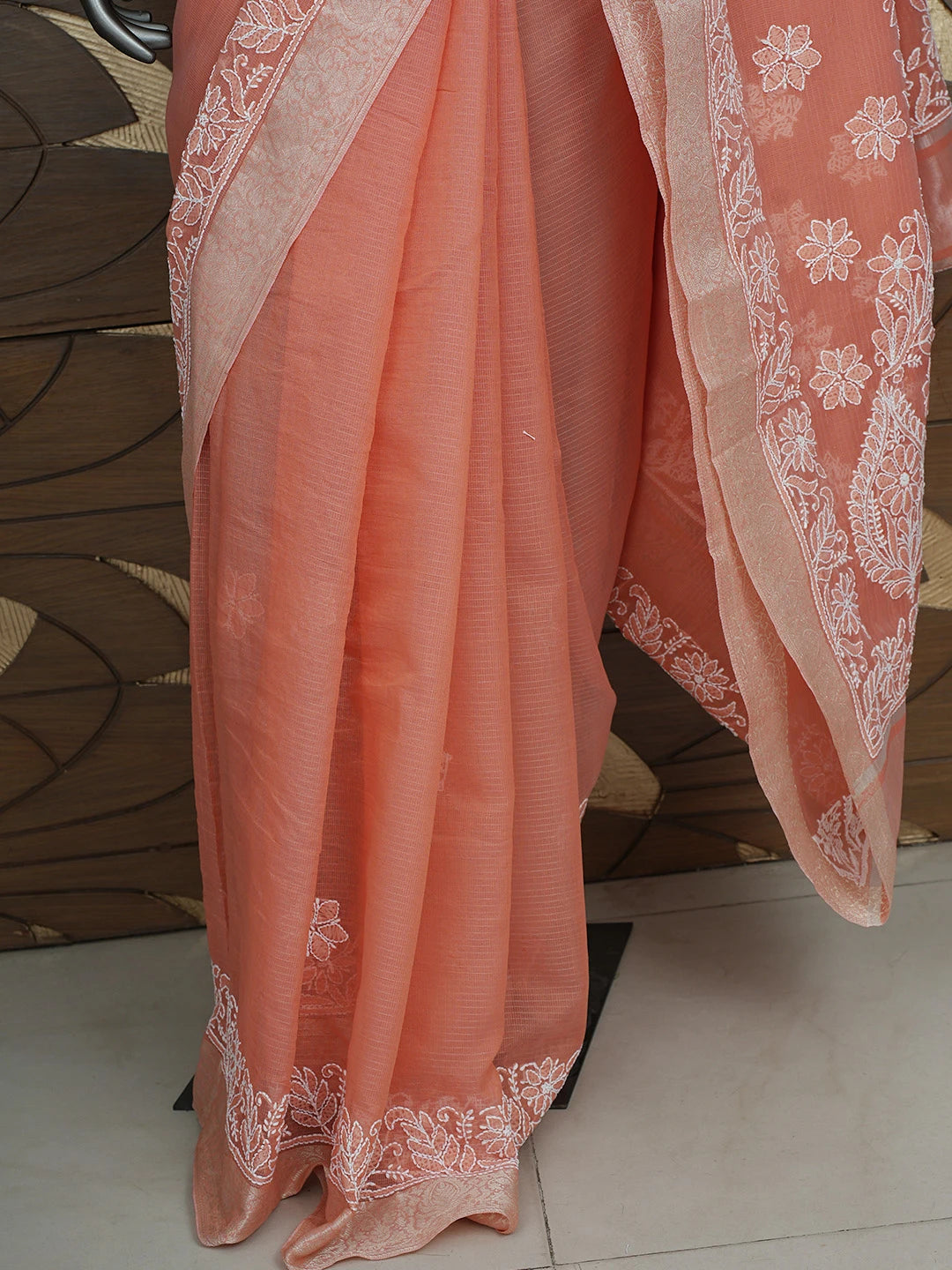 Ada Hand Embroidered Dark Peach Chanderi Lucknowi Chikankari Saree With Blouse 01A857678