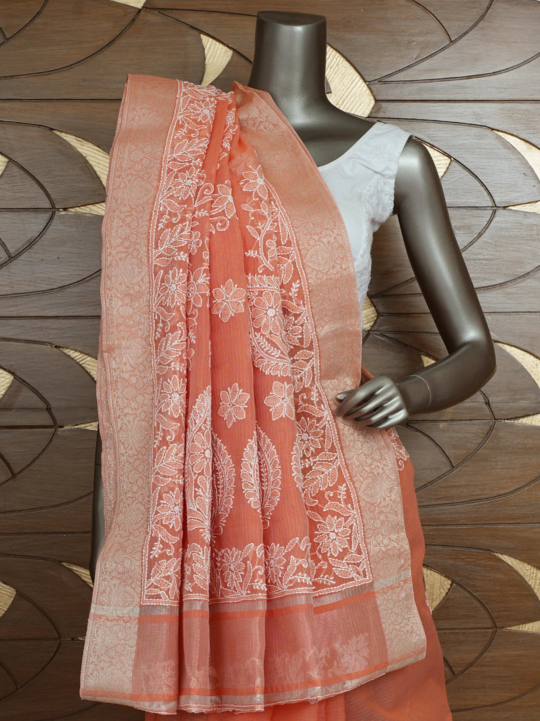Ada Hand Embroidered Dark Peach Chanderi Lucknowi Chikankari Saree With Blouse 01A857678