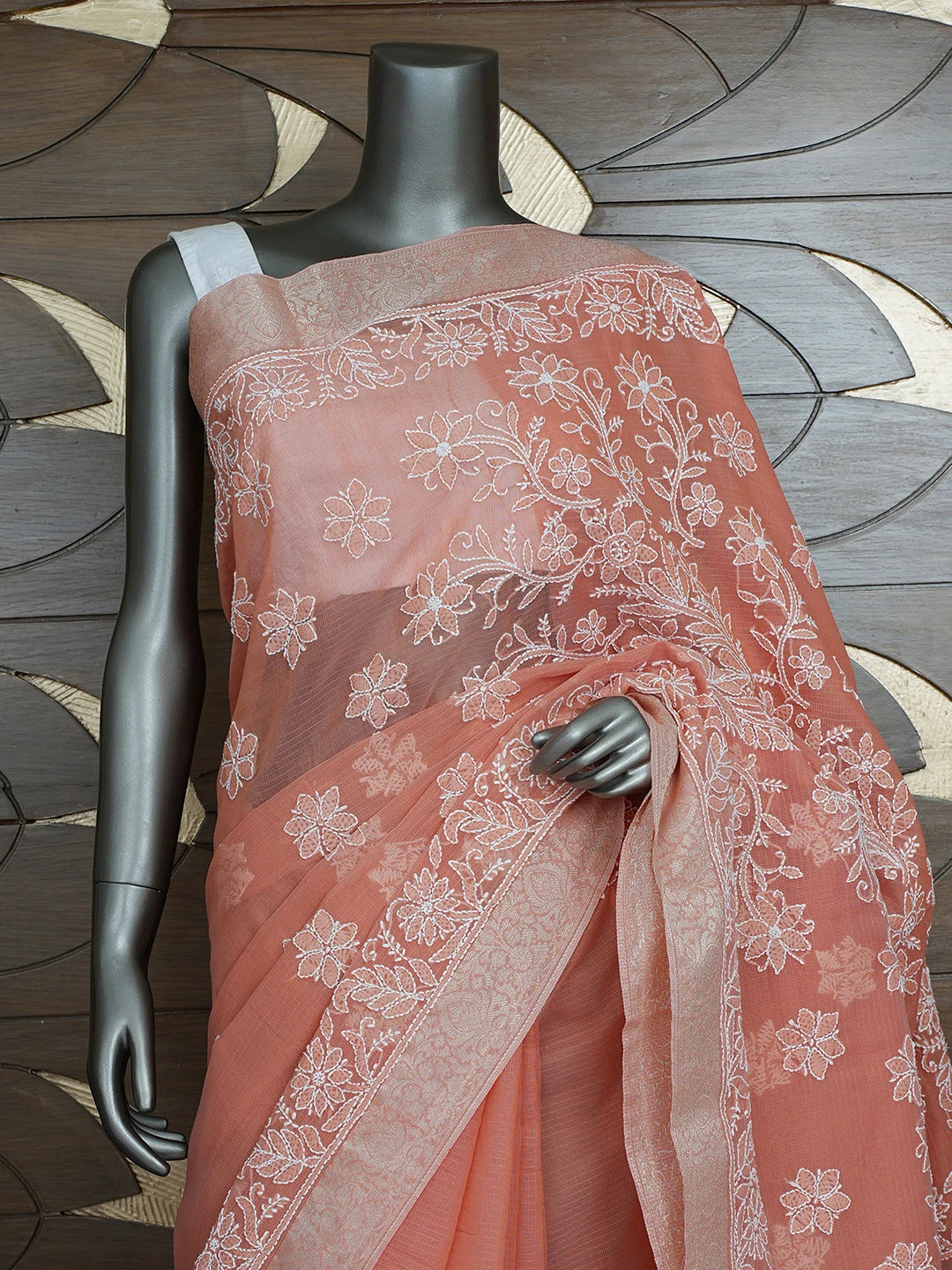 Ada Hand Embroidered Dark Peach Chanderi Lucknowi Chikankari Saree With Blouse 01A857678
