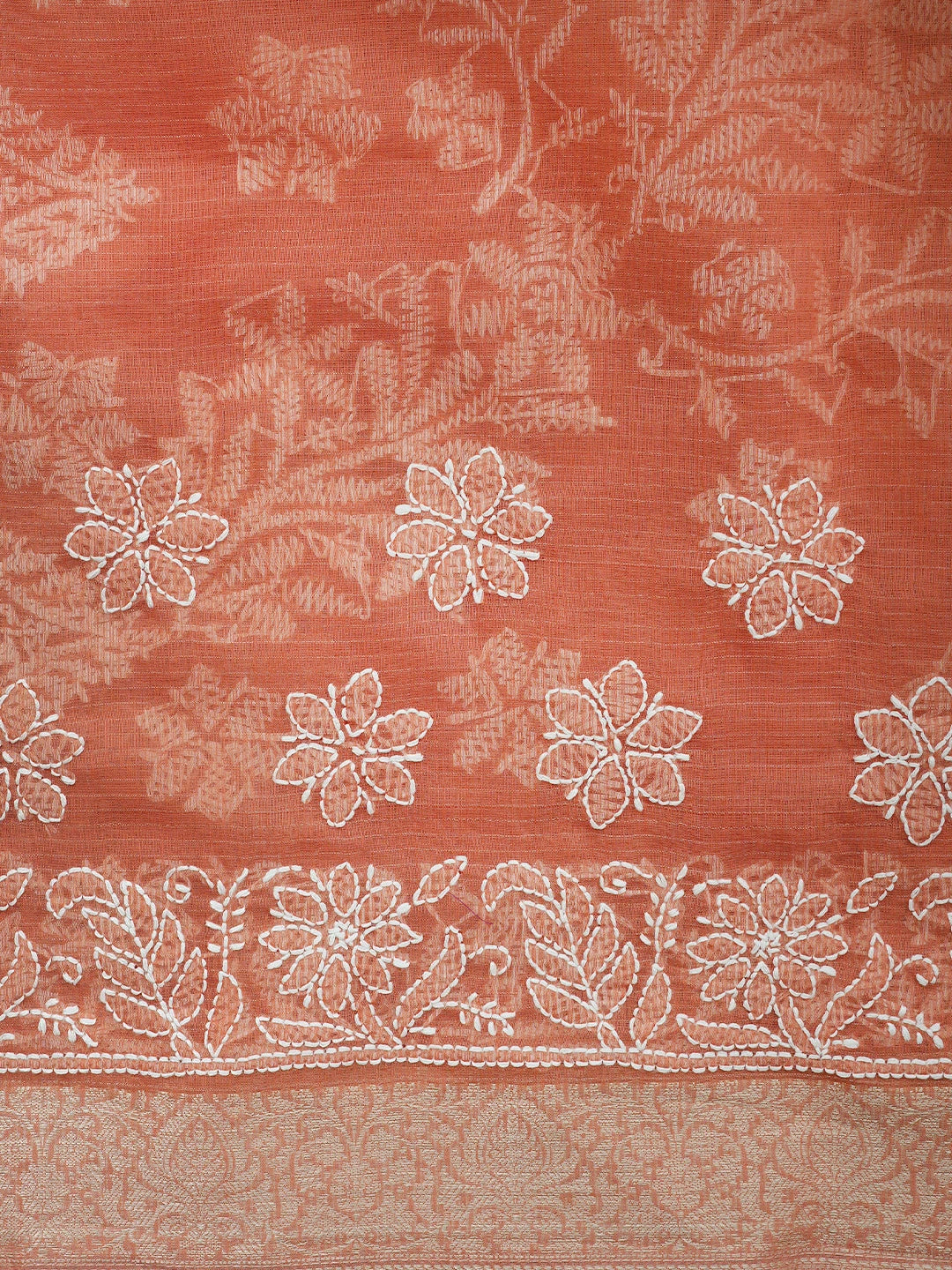 Ada Hand Embroidered Dark Peach Chanderi Lucknowi Chikankari Saree With Blouse 01A857678