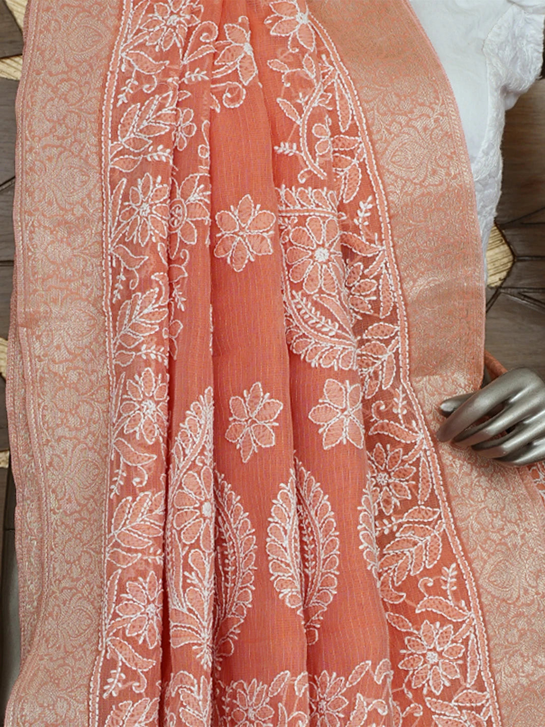 Ada Hand Embroidered Dark Peach Chanderi Lucknowi Chikankari Saree With Blouse 01A857678