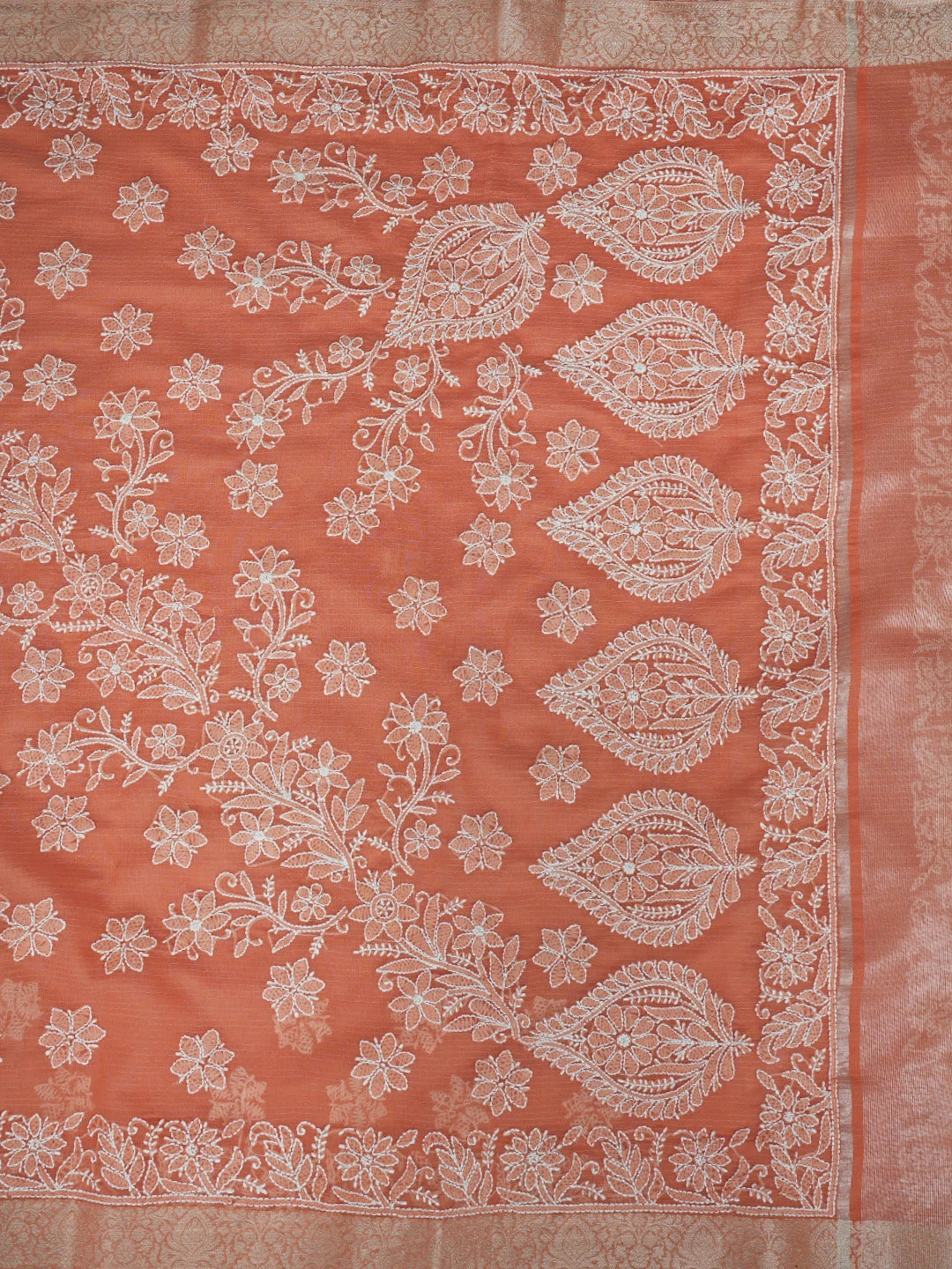 Ada Hand Embroidered Dark Peach Chanderi Lucknowi Chikankari Saree With Blouse 01A857678