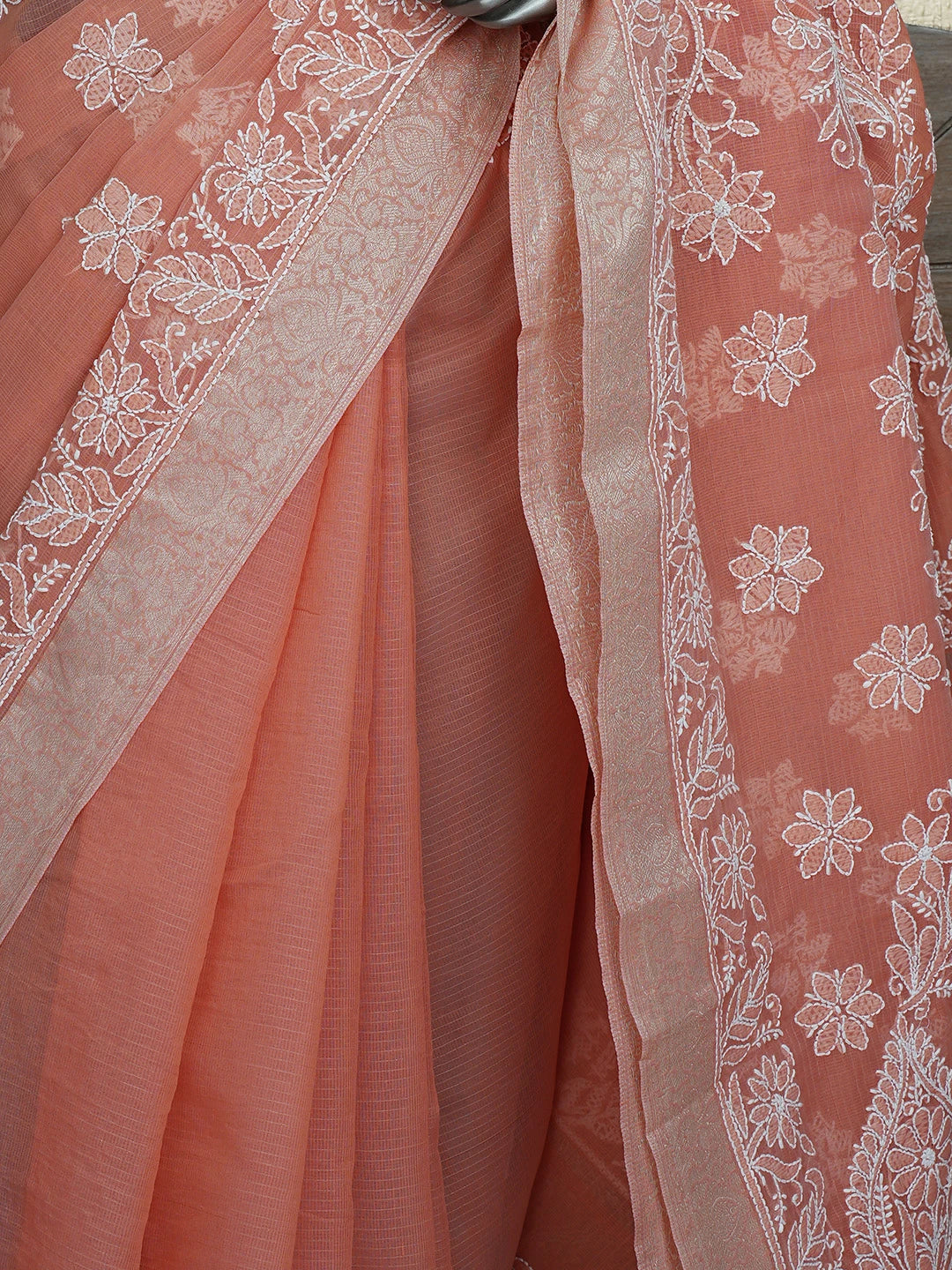 Ada Hand Embroidered Dark Peach Chanderi Lucknowi Chikankari Saree With Blouse 01A857678