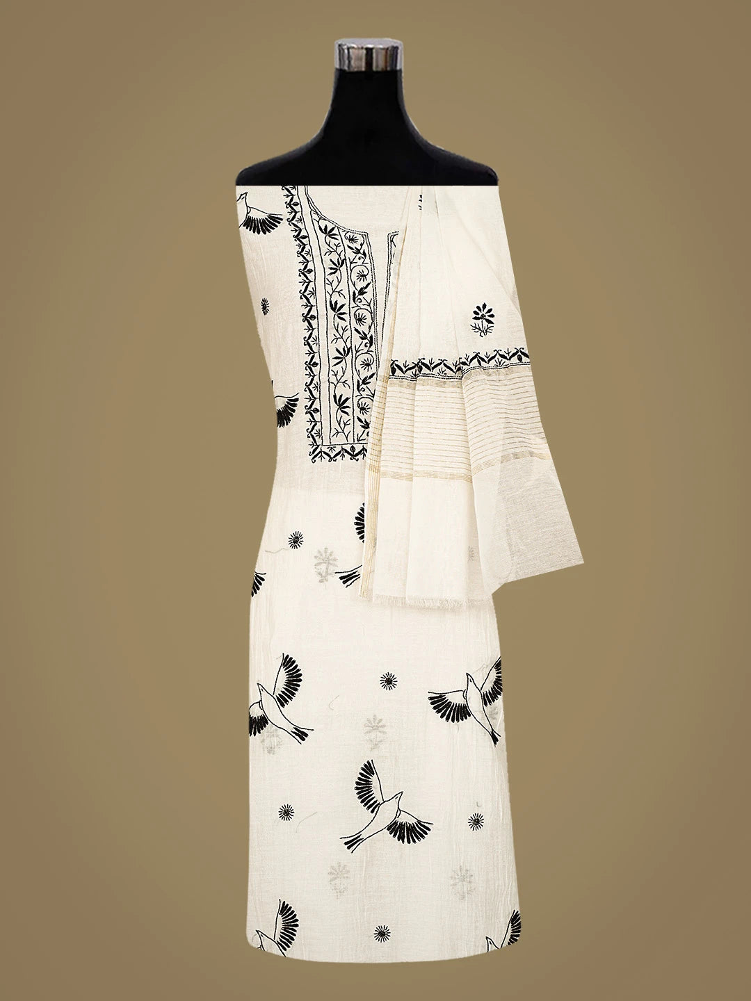 Ada Hand Embroidered White Chanderi Lucknowi Chikankari Unstitched Kurta Dupatta Set 01A741716