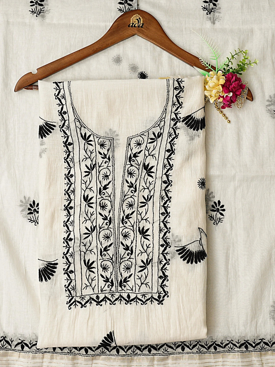 Ada Hand Embroidered White Chanderi Lucknowi Chikankari Unstitched Kurta Dupatta Set 01A741716