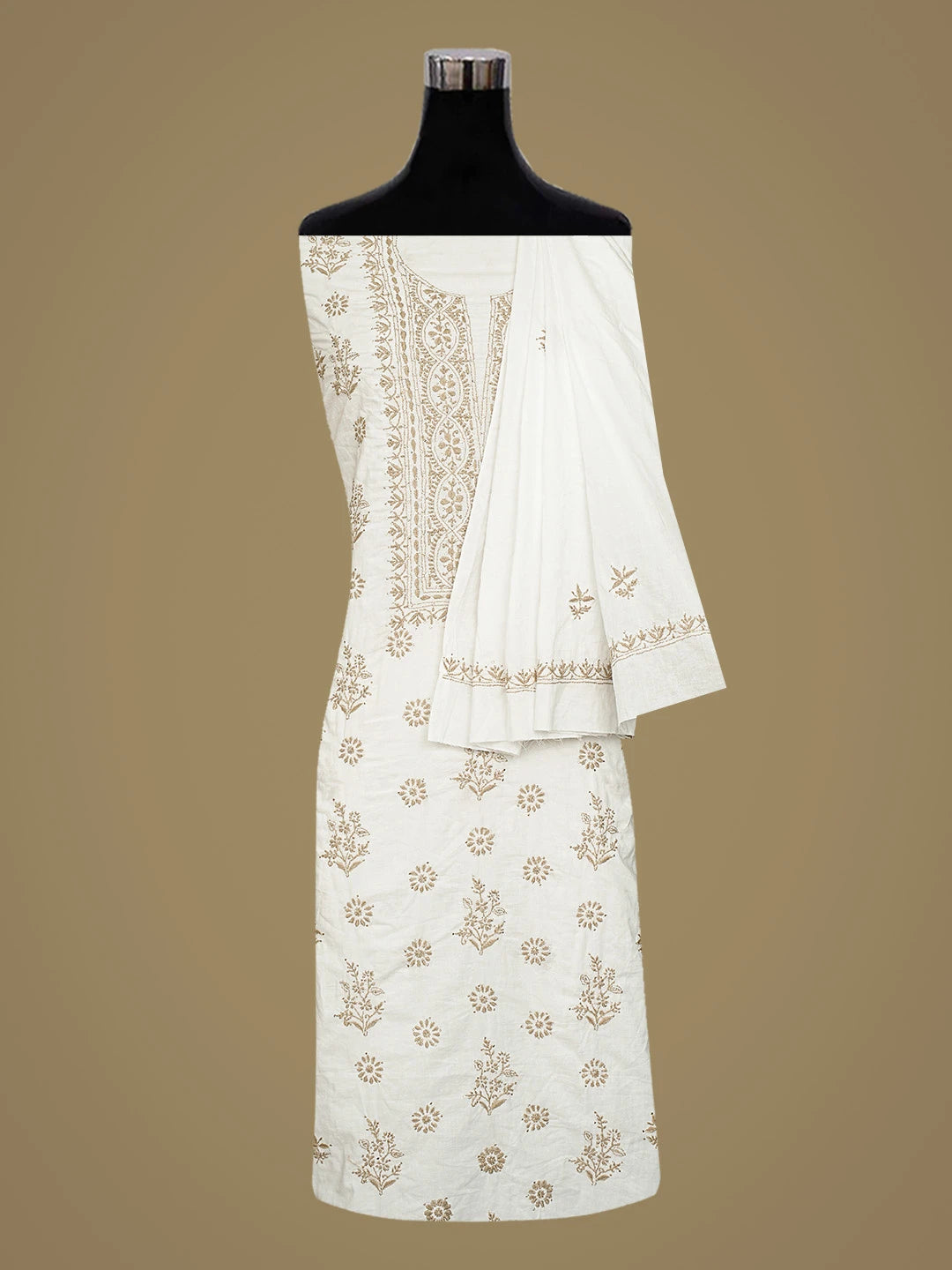 Ada Hand Embroidered White Cotton Lucknowi Chikankari Unstitched Kurta Dupatta Set With Mukaish Work 01A778456