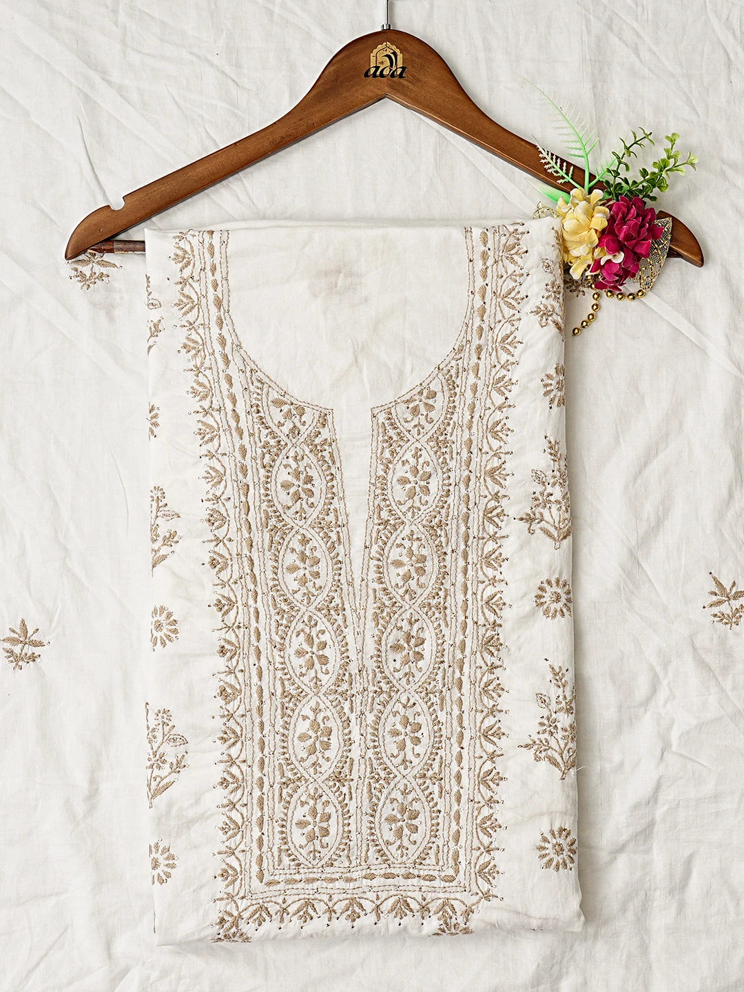 Ada Hand Embroidered White Cotton Lucknowi Chikankari Unstitched Kurta Dupatta Set With Mukaish Work 01A778456