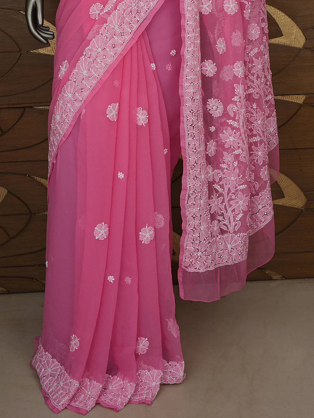 Ada Hand Embroidered Pink Georgette Lucknowi Chikankari Saree With Blouse 01A865785