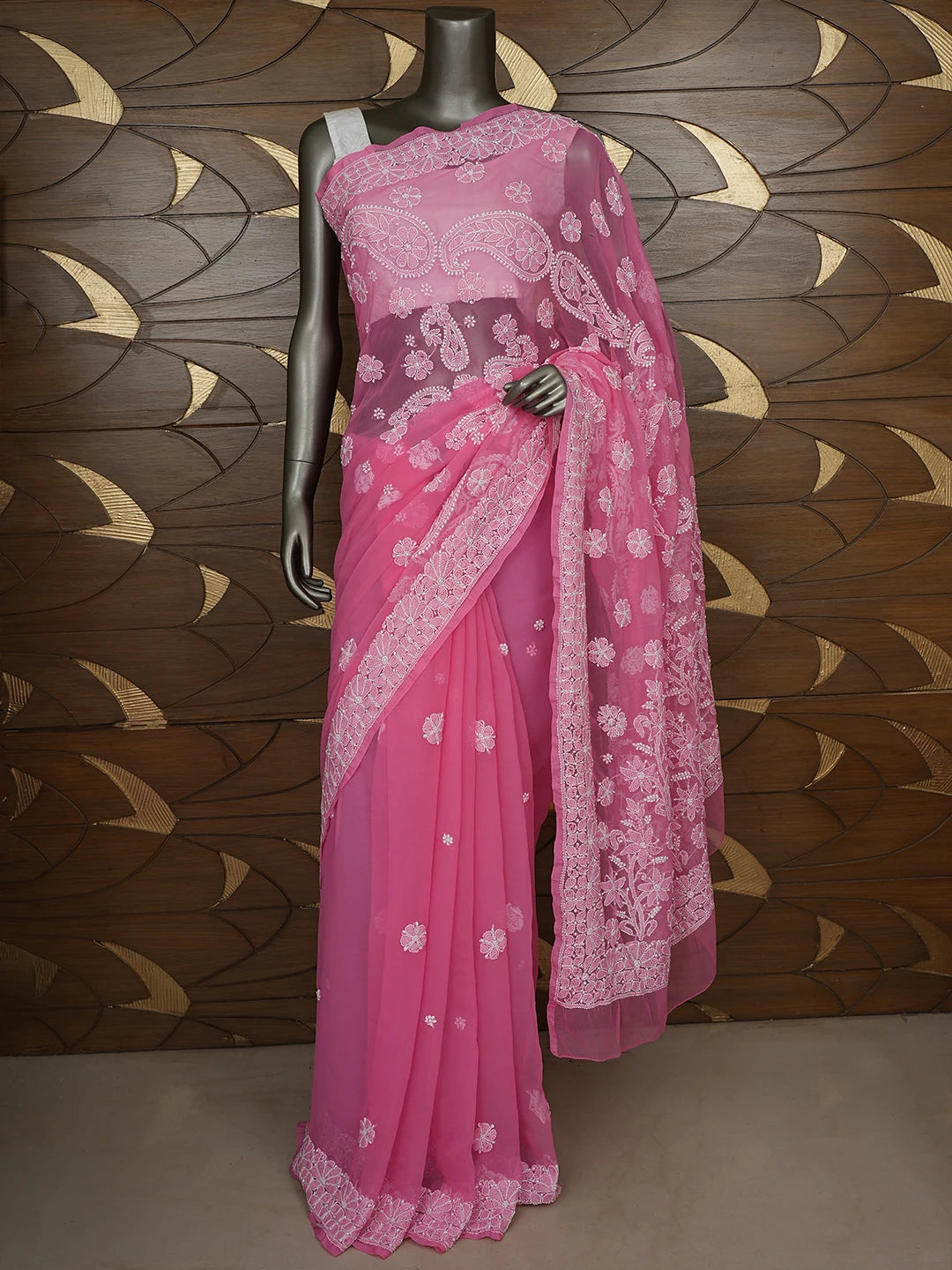 Ada Hand Embroidered Pink Georgette Lucknowi Chikankari Saree With Blouse 01A865785