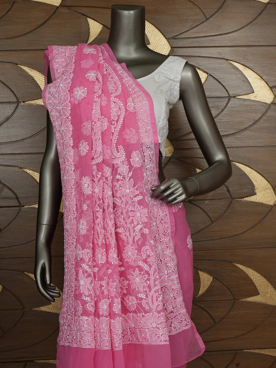 Ada Hand Embroidered Pink Georgette Lucknowi Chikankari Saree With Blouse 01A865785