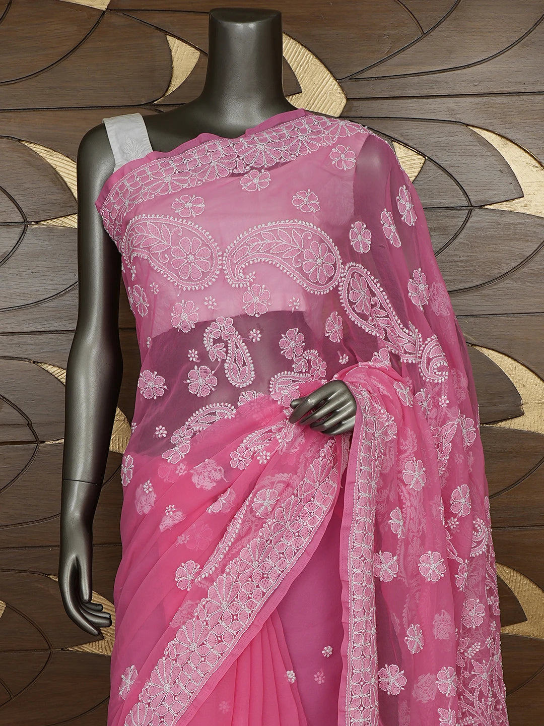 Ada Hand Embroidered Pink Georgette Lucknowi Chikankari Saree With Blouse 01A865785