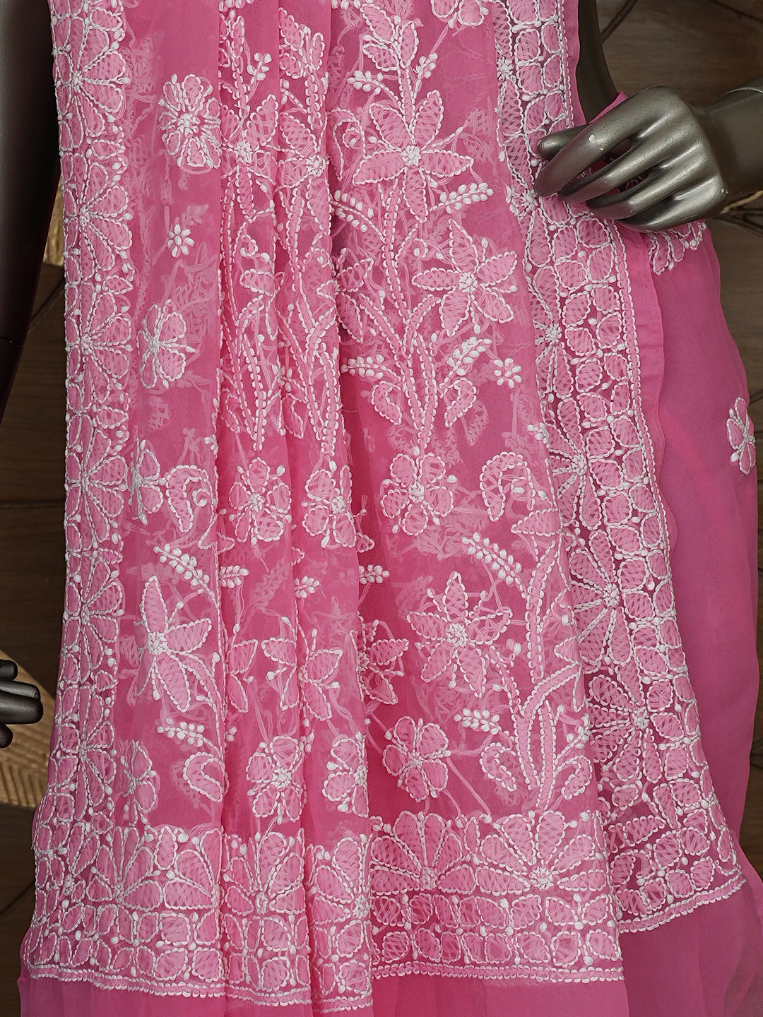 Ada Hand Embroidered Pink Georgette Lucknowi Chikankari Saree With Blouse 01A865785